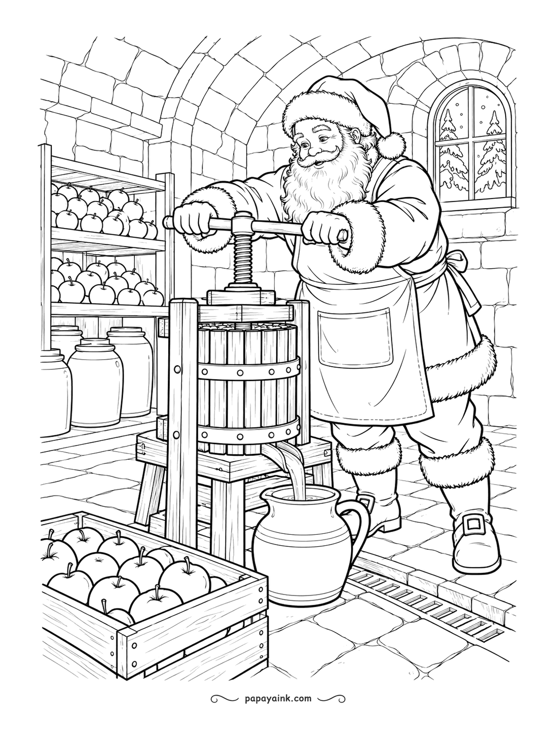 Santa Coloring Pages - Down in the stone cellar, Santa turns the screw on the old press and fresh juice runs into the jug. Crates and shelves of apples wait their turn. Detailed - vaulted bricks, barrels and slatted wood.