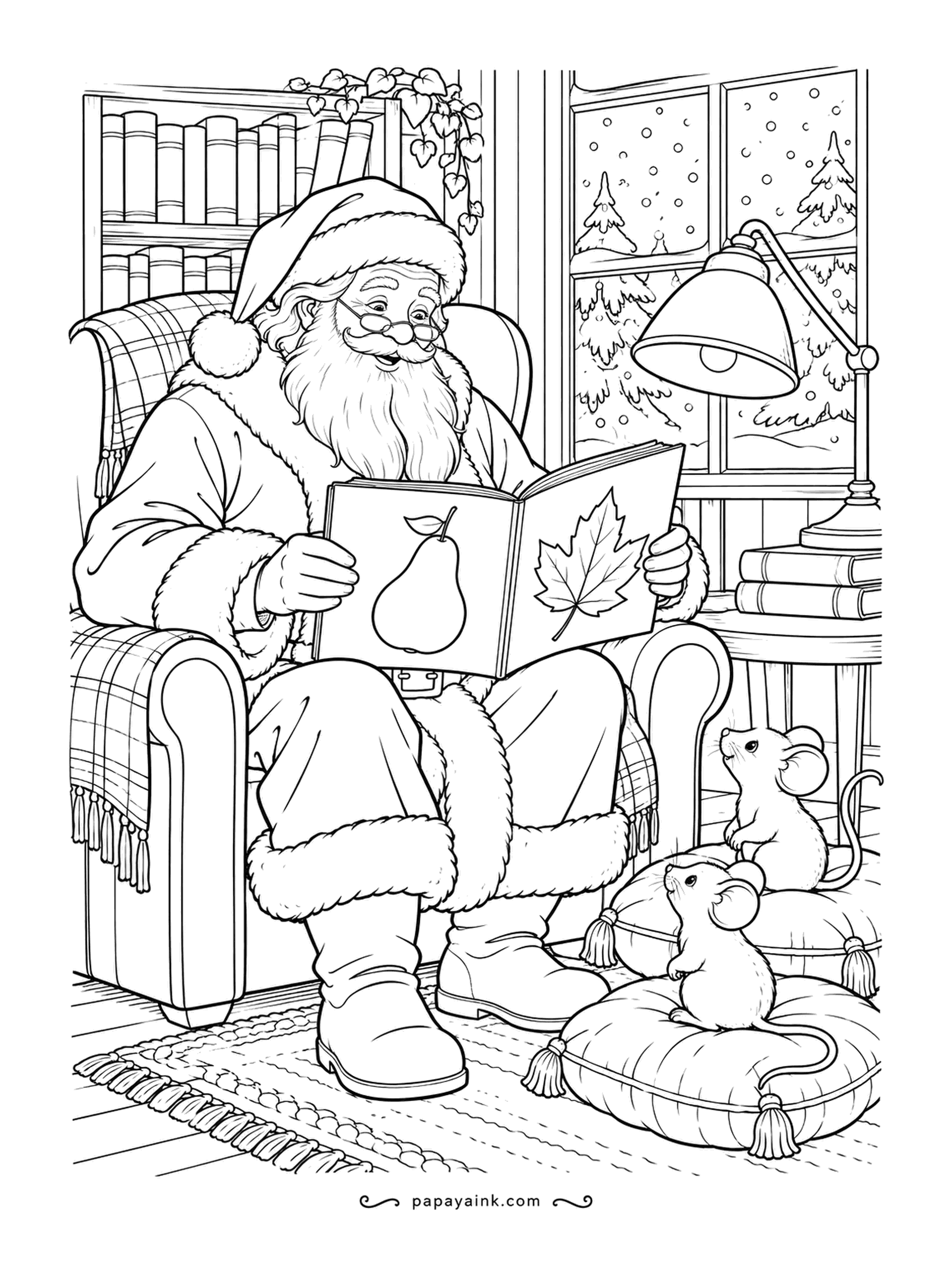 Santa Coloring Pages - Story time in the big armchair, with two mice sitting up on cushions to listen. The picture book has a pear on one page and a maple leaf on the other. A plaid throw and a lamp make it extra cozy.