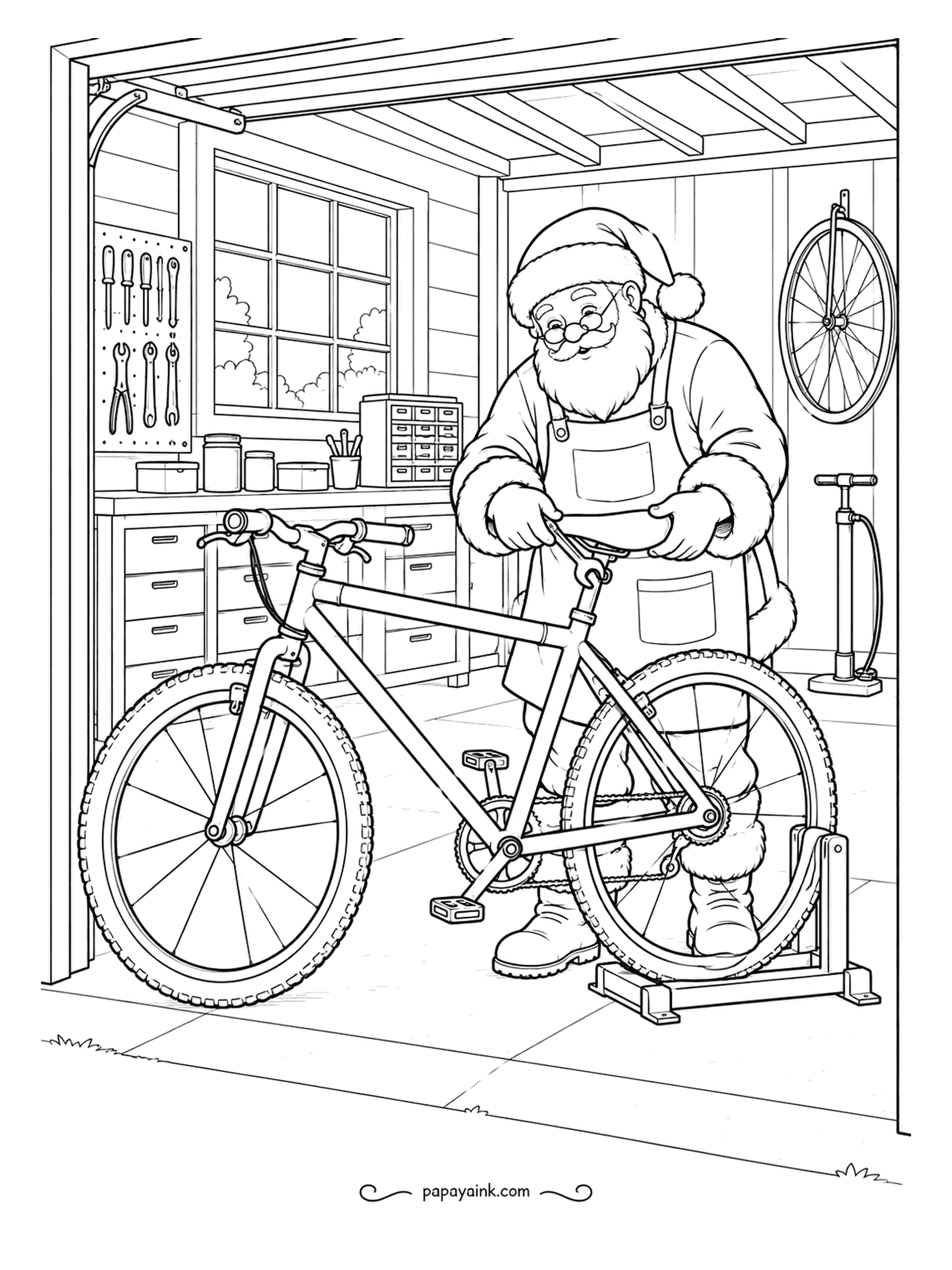 Santa Coloring Pages - Bike on the stand, glasses on his nose, he checks the seat before the test ride. Tools hang on a pegboard and a pump leans against the wall. Spokes, chain and tires reward a sharp pencil.
