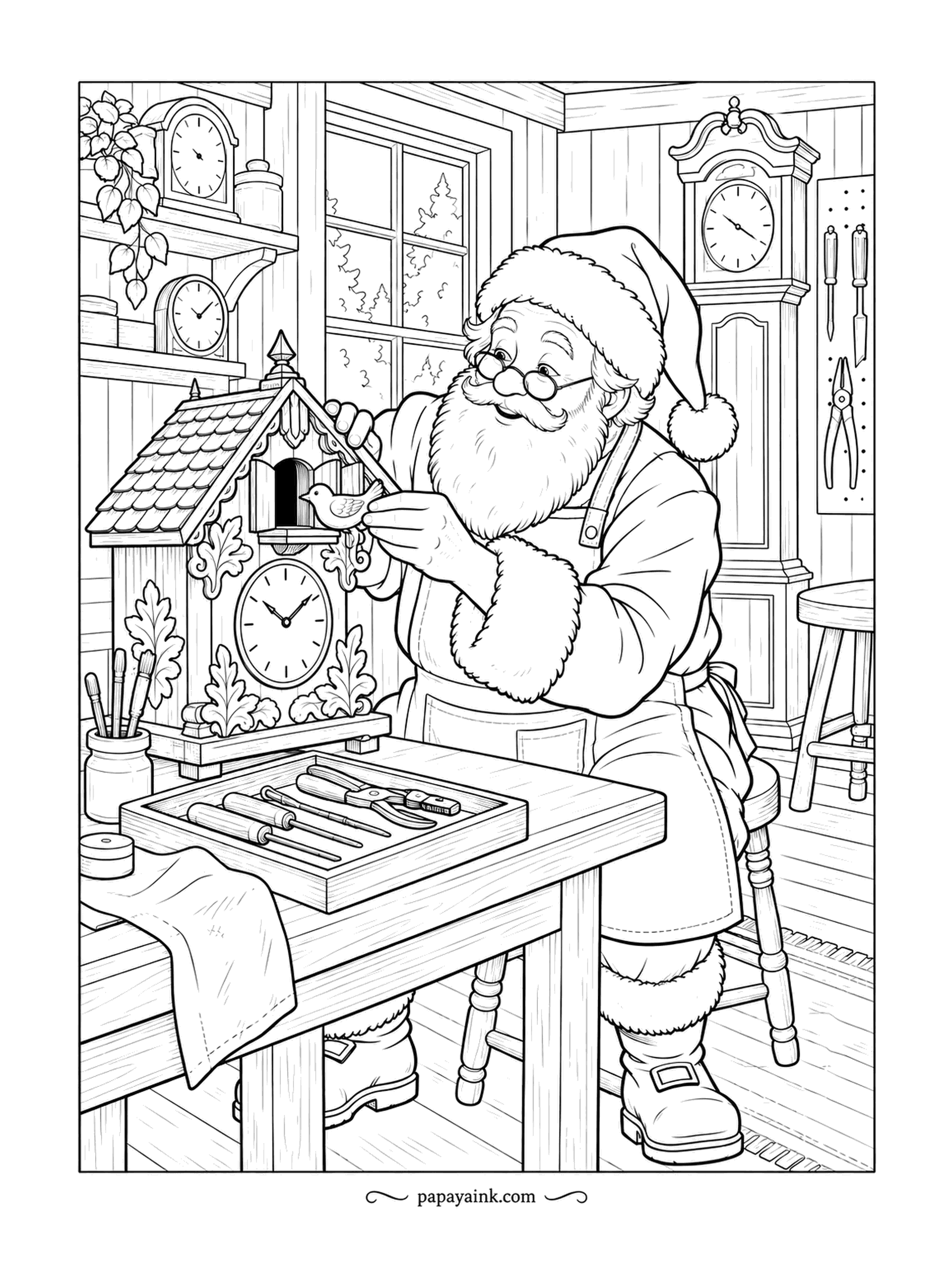Santa Coloring Pages - Glasses on, apron tied, Santa coaxes a tiny wooden bird back into its cuckoo clock. The rest of the clocks in the workshop tick along regardless. Detailed - a grandfather clock, tools and carved trim.