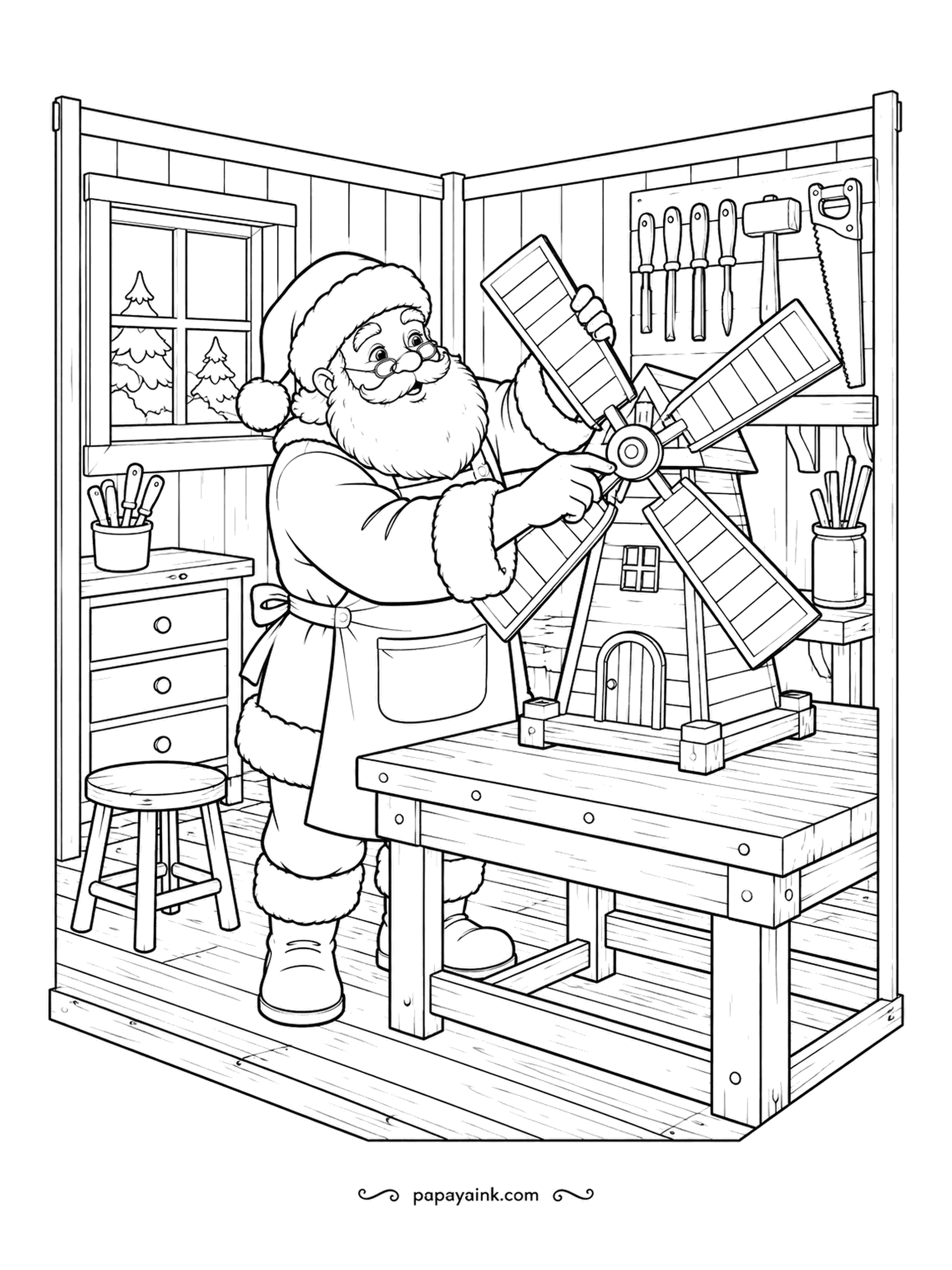 Santa Coloring Pages - One sail of the toy windmill came loose, and Santa is fitting it back on at the workbench. Chisels and a saw hang ready by the window. Warm wood shades for the bench and the windmill.