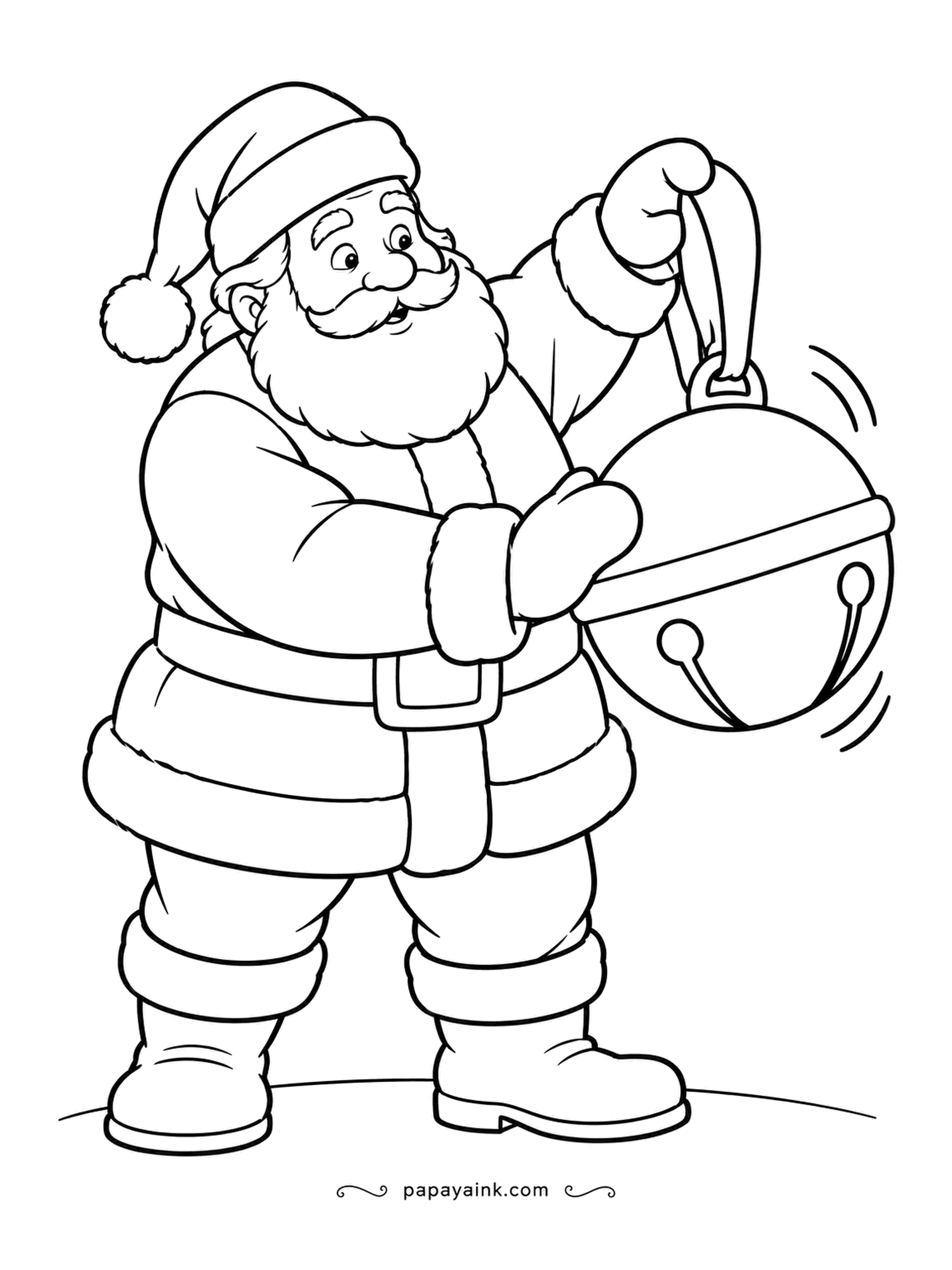 Santa Coloring Pages - A jingle bell this big needs both hands, and he gives it a good swing. You can almost hear it. Thick outlines and almost no background - easy for younger colorers.