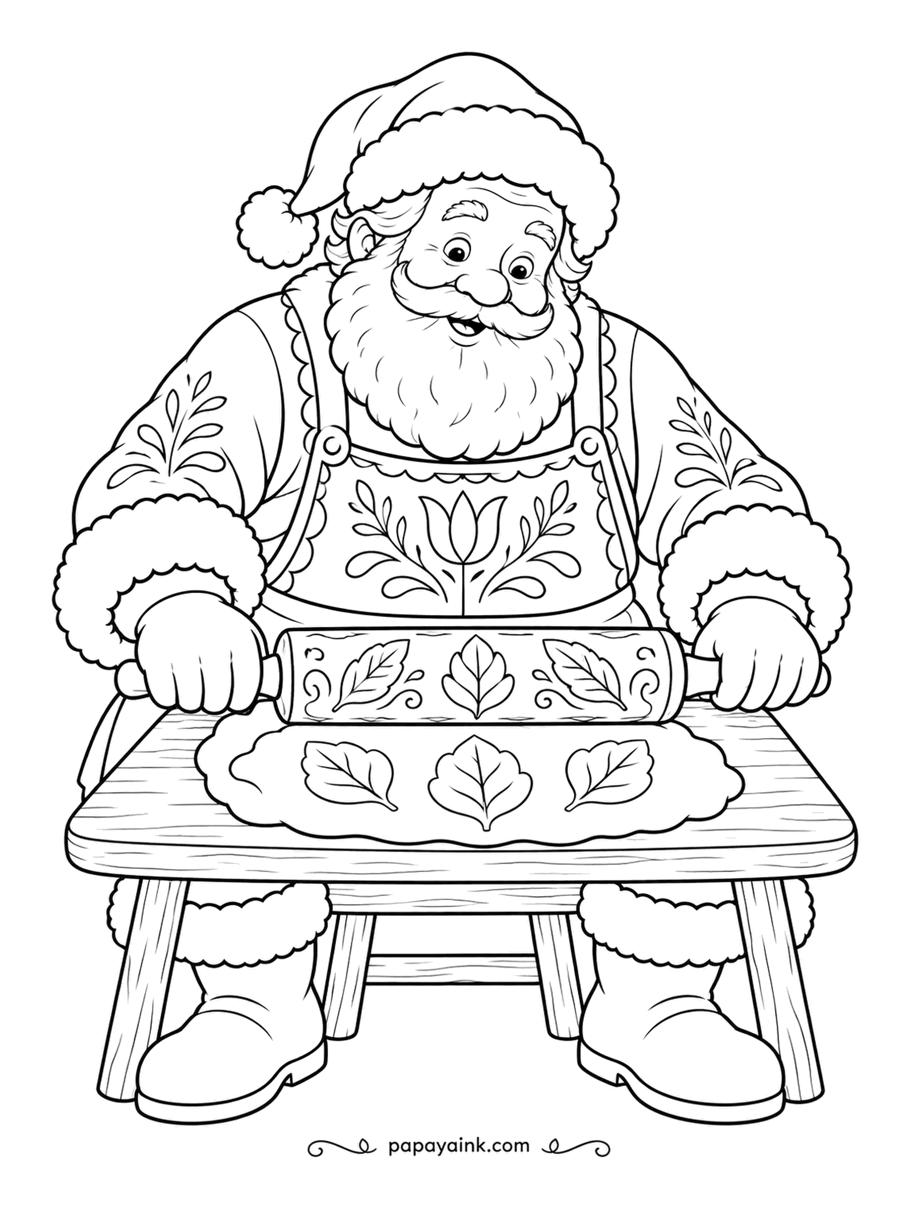 Santa Coloring Pages - A carved rolling pin presses leaf shapes into the cookie dough as he rolls it out. His apron is embroidered with the same tulip motif. Folk motifs on simple outlines - bright and quick.