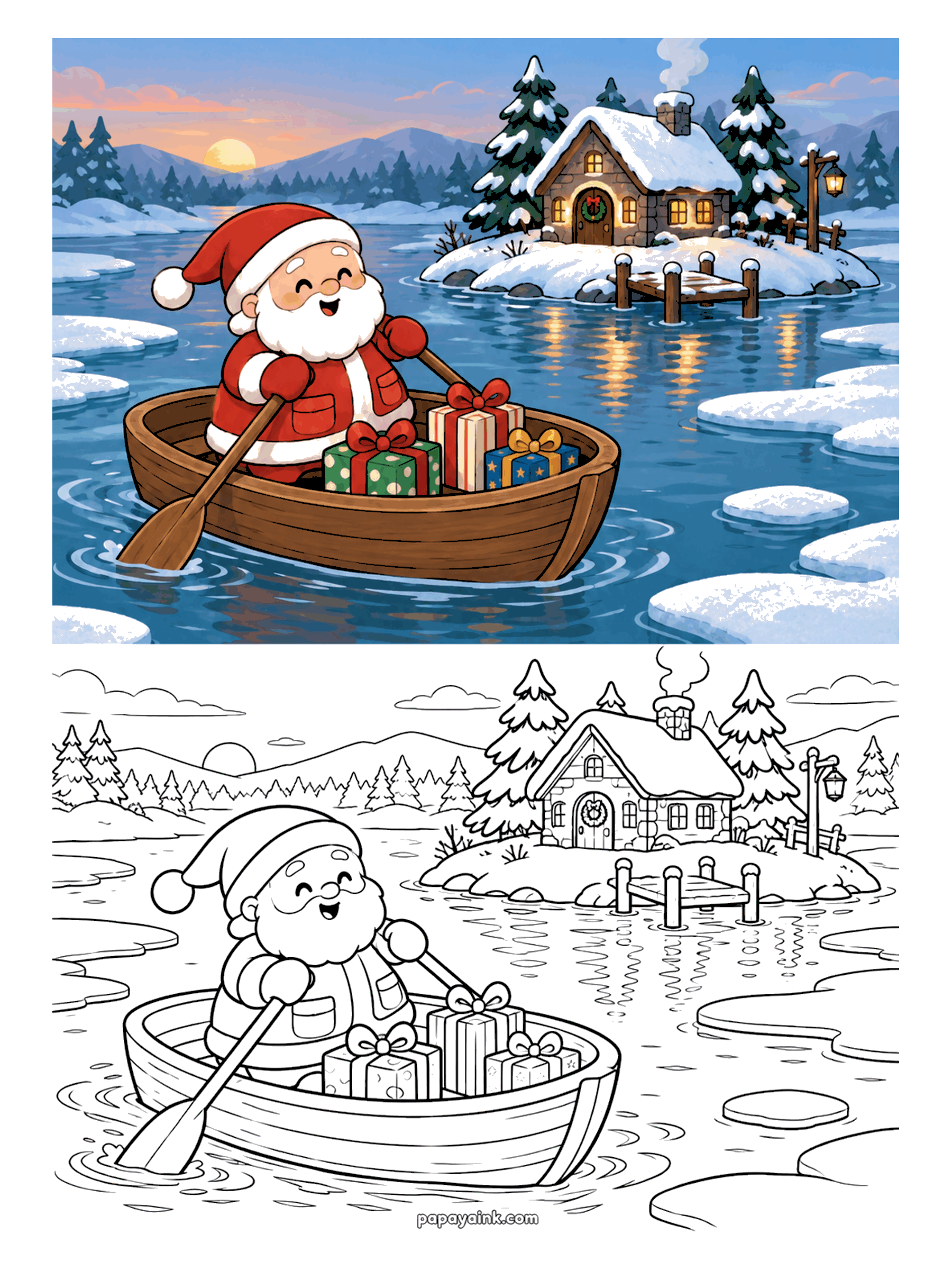 Santa Coloring Pages - Santa rowing a wooden boat of presents across a winter lake toward a little island cottage