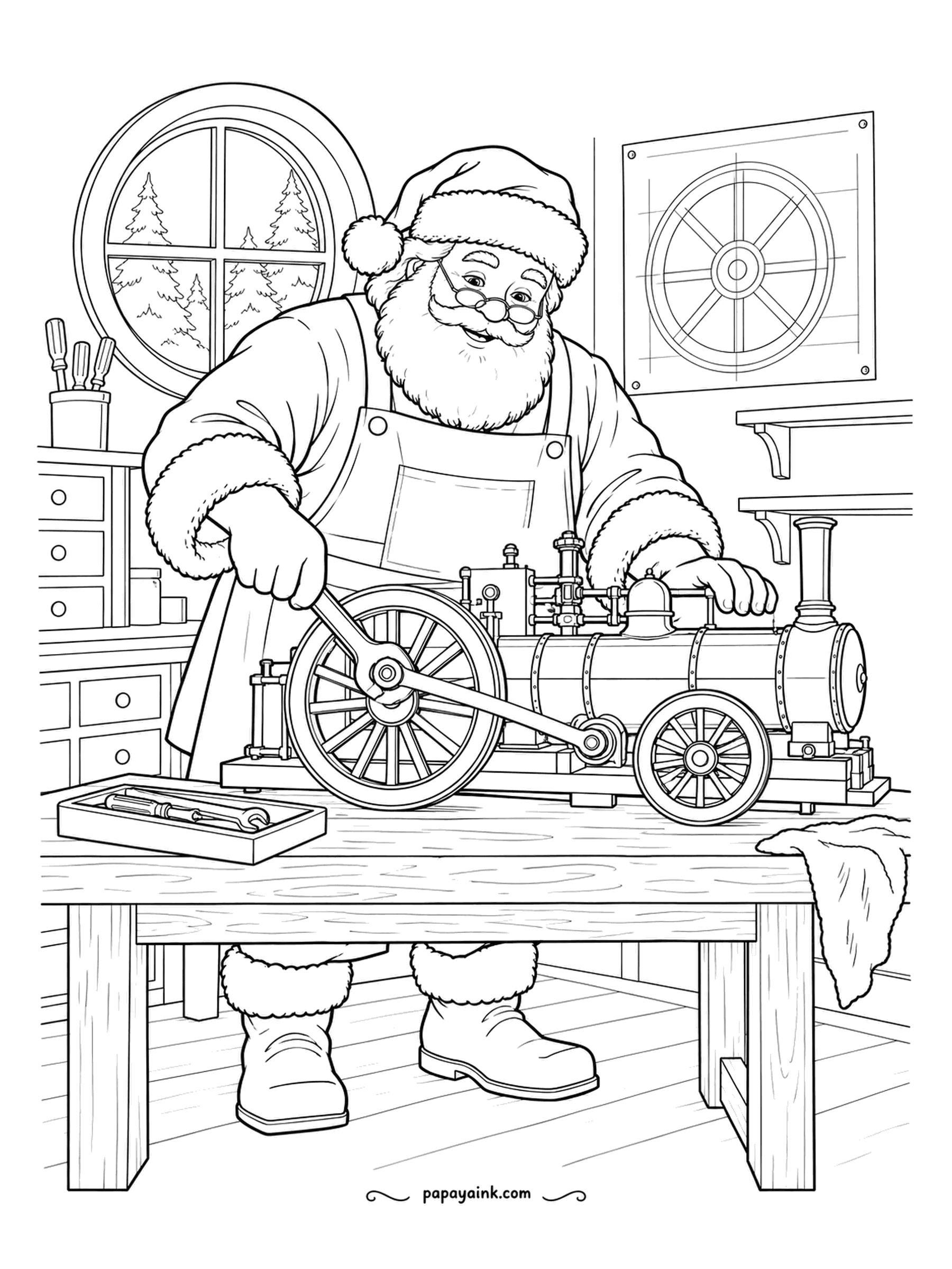 Santa Coloring Pages - On the workbench sits a model traction engine, and Santa turns the flywheel to test it. A blueprint is pinned to the wall. Detailed - gears, pipes and a porthole view of the pines.