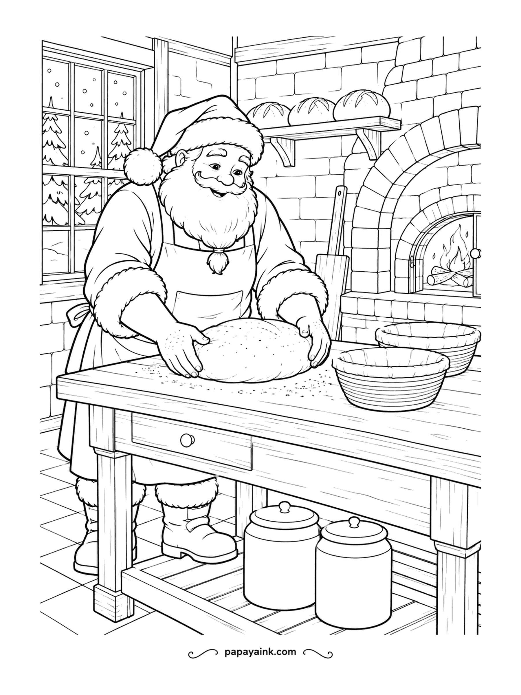 Santa Coloring Pages - Flour on the table, fire in the brick oven, and Santa kneads a round loaf. Finished bread cools on the shelf above. Warm golden browns for the crust and the bricks.