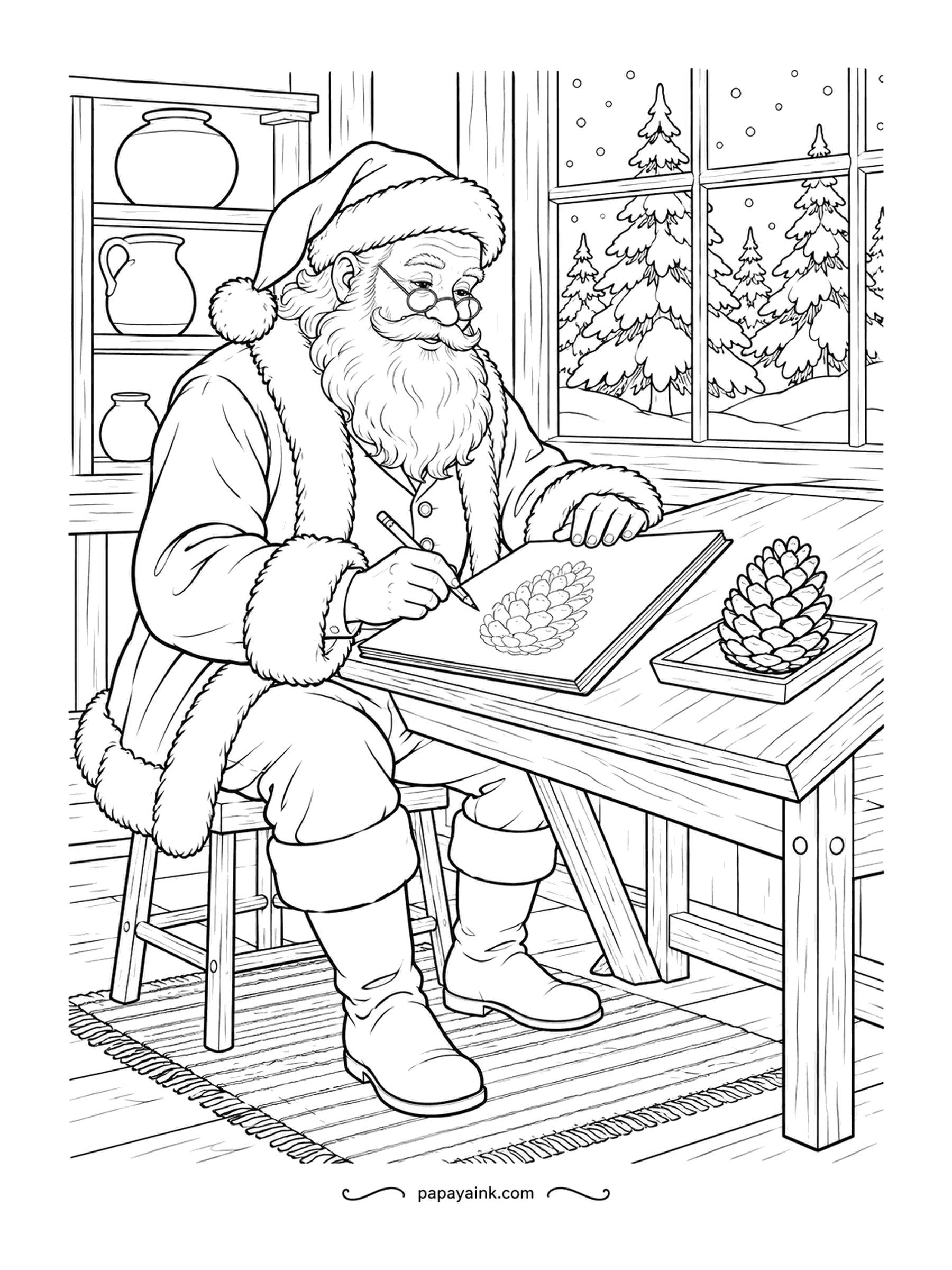 Santa Coloring Pages - Drawing from life, Santa copies a pinecone one scale at a time, glasses perched on the end of his nose. The real cone rests in a tray beside the sketchbook. Detailed - shelves, jugs and snowy pines outside.