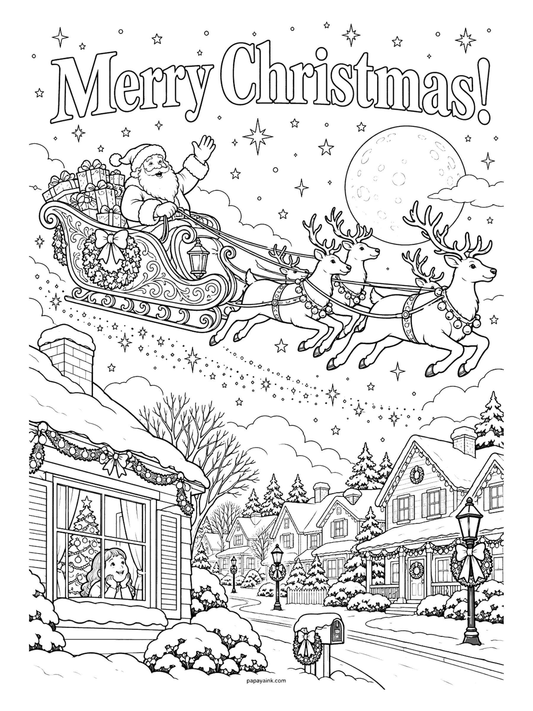 Merry Christmas Coloring Pages - Santa waves from his sleigh as reindeer fly over a snowy neighborhood under a full moon while a girl watches from her window. Detailed