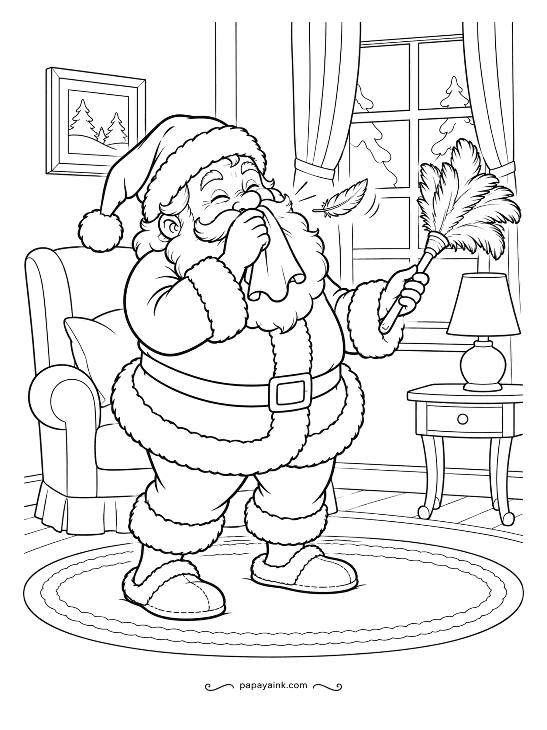 Santa Coloring Pages - Dusting the living room was a fine idea until a feather came loose. The poor man sneezes into his handkerchief, eyes squeezed shut. Armchair, lamp and rug make a cozy room to color.