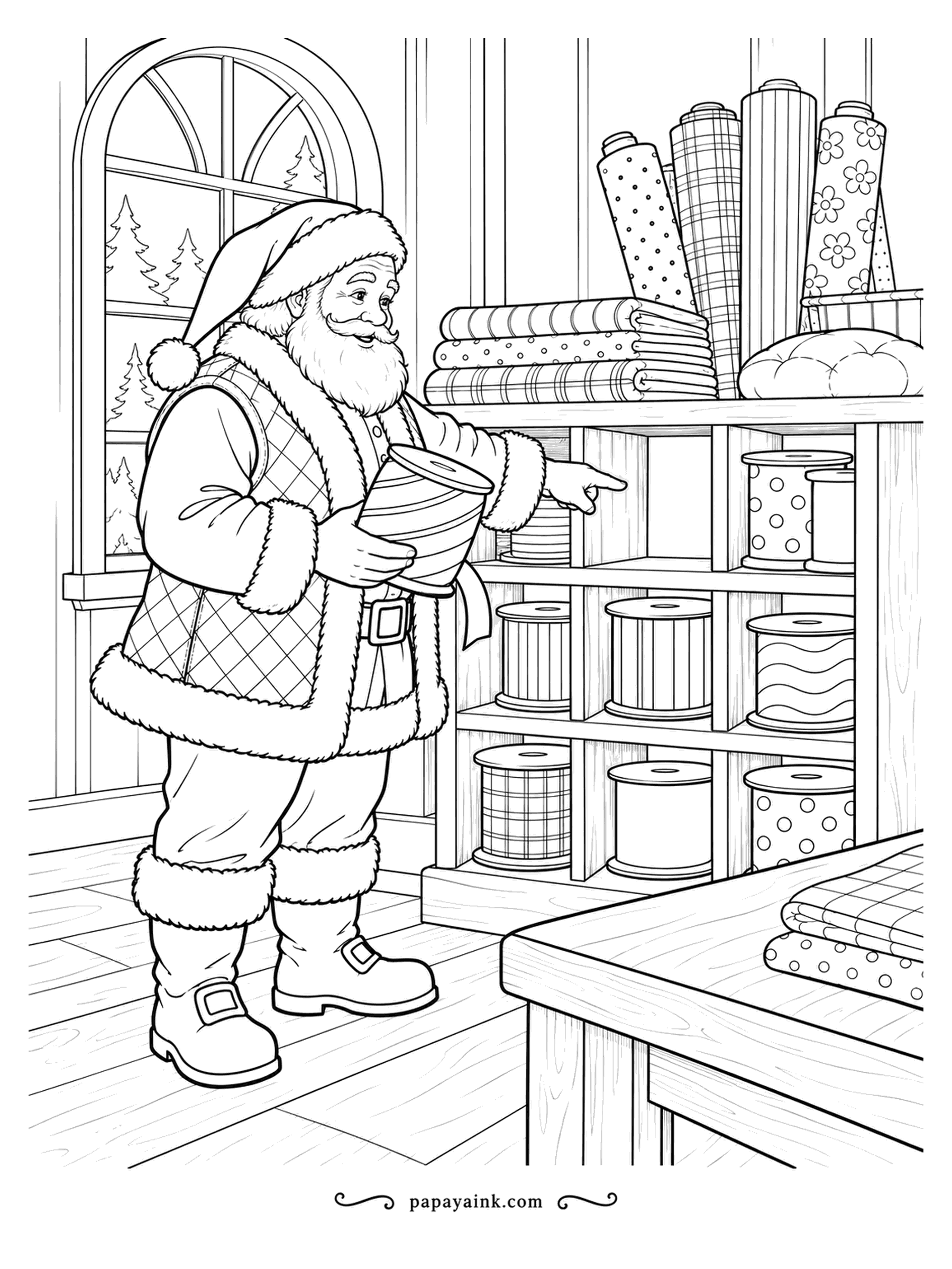 Santa Coloring Pages - Plaid, polka dot, stripes and waves - every ribbon spool has its own cubby, and Santa is choosing the next one. Rolls of fabric are stacked on top. A great page for inventing patterns.