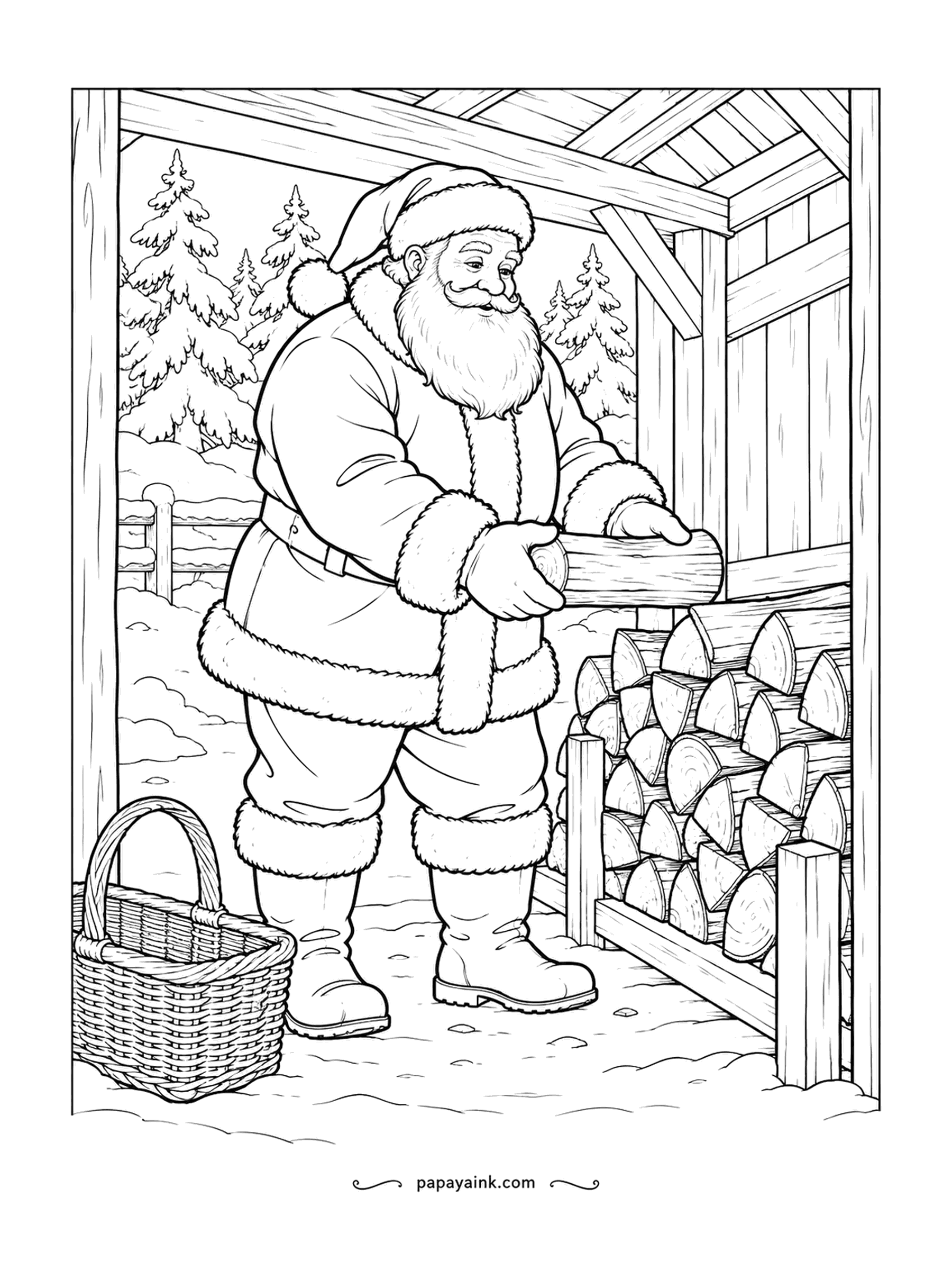Santa Coloring Pages - Log by log, the woodshed fills up for winter. Santa slides another piece onto the pile, an empty basket waiting for kindling. Warm browns for the bark, pale tones for the cut ends.