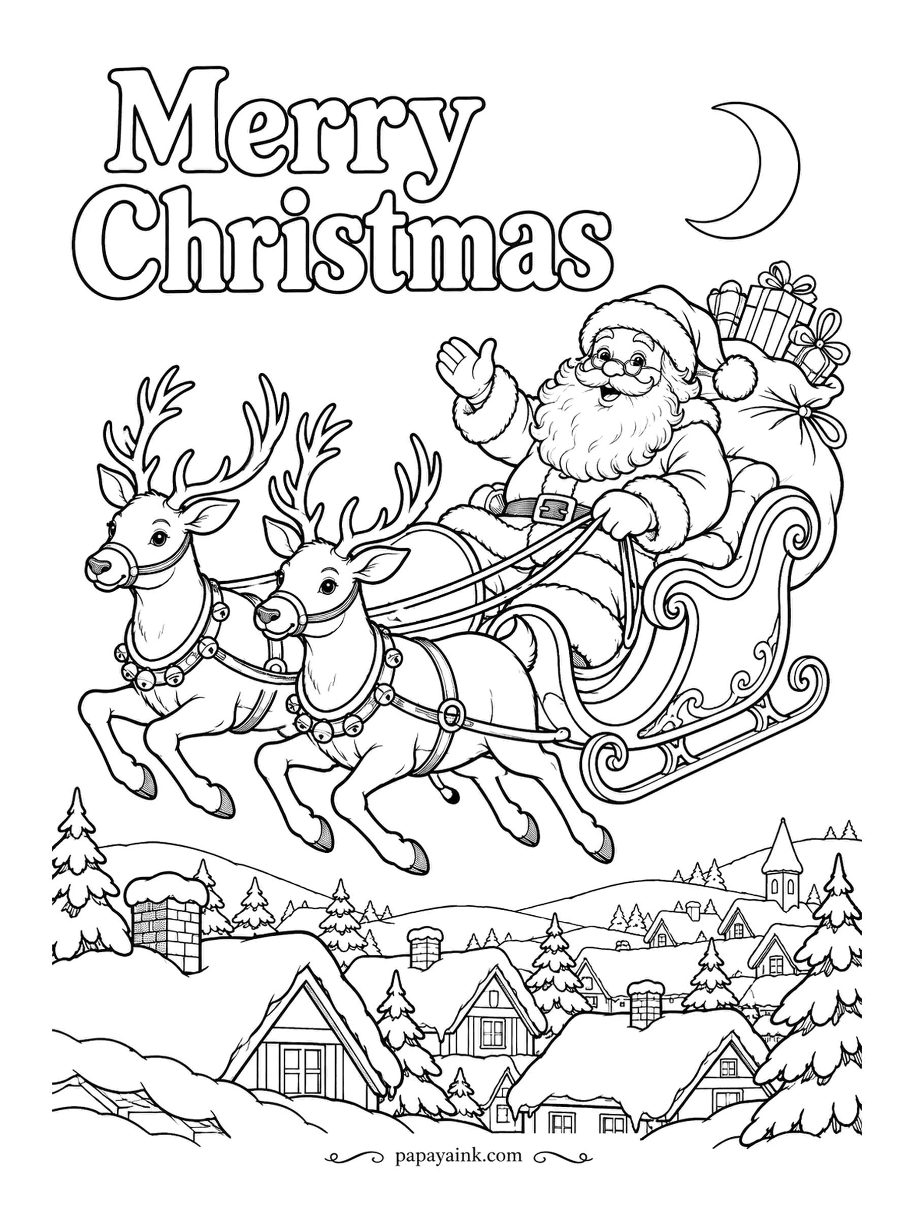 Merry Christmas Coloring Pages - Up over the rooftops under a crescent moon, with the sack tied on behind and one hand free to wave. Chimneys wait below. Fill the sky dark blue around the sleigh and the whole scene turns to night.