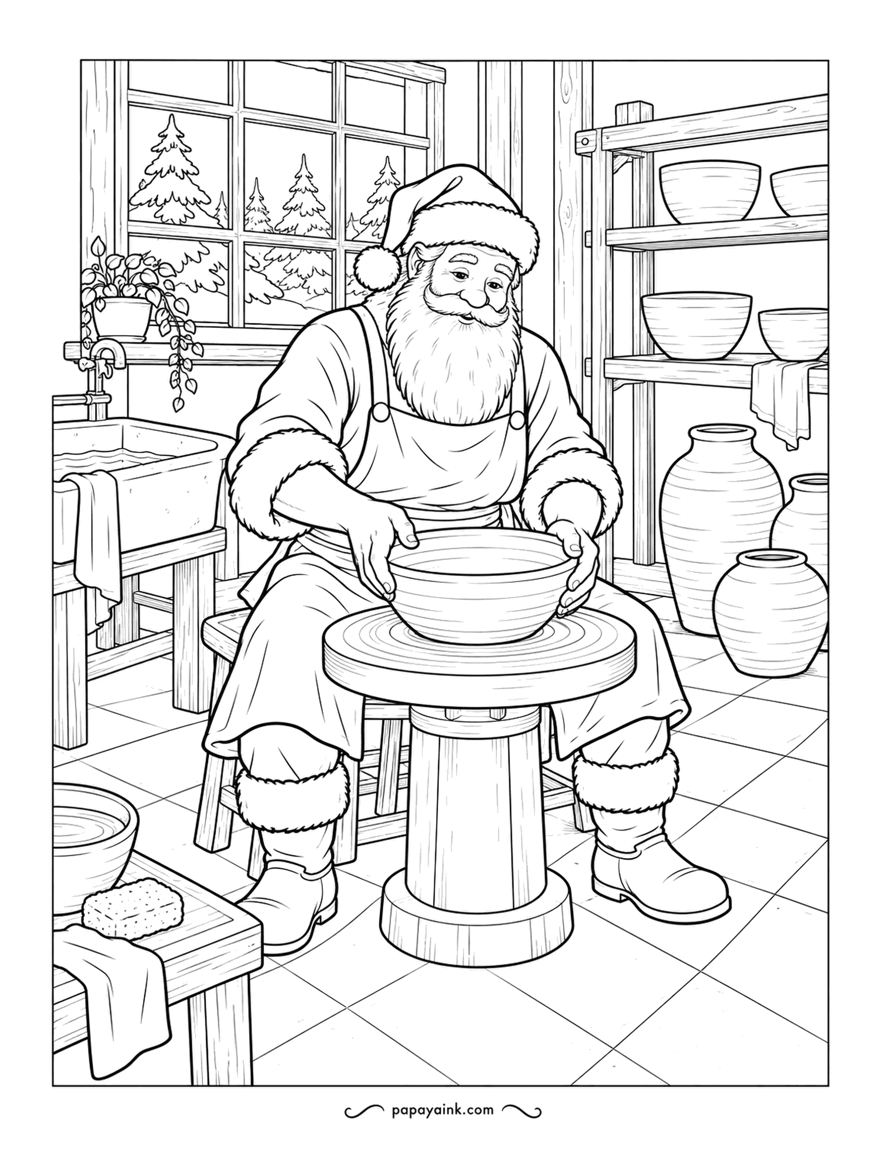 Santa Coloring Pages - Hands wet, wheel turning, Santa shapes a clay bowl in the pottery studio. Finished pots and jars line the shelves behind him. Earthy browns, greys and a terracotta glaze.