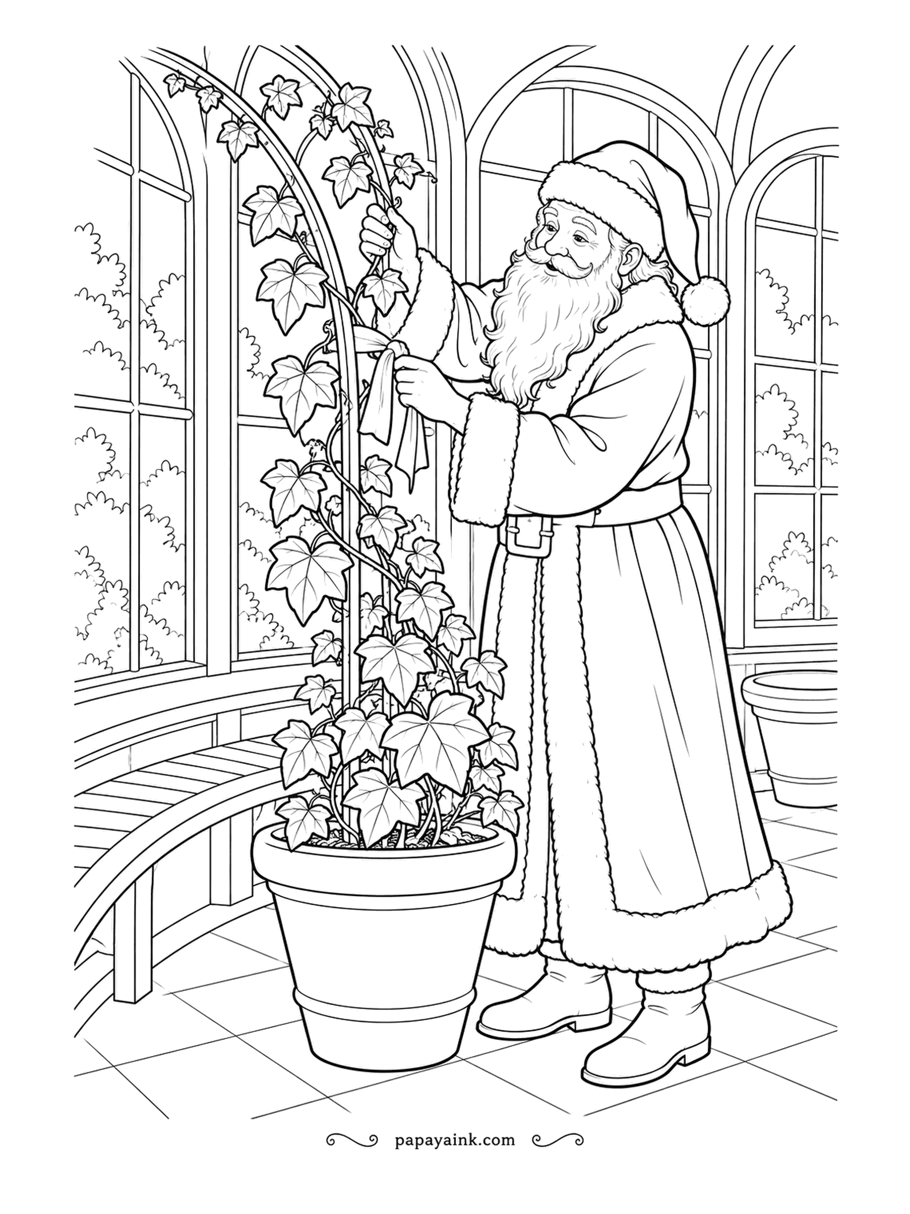 Santa Coloring Pages - Ivy grows wherever it likes unless someone guides it, so Santa ties each new shoot to the arched frame. Tall windows let in the winter light. Deep greens for the leaves, terracotta for the pot.