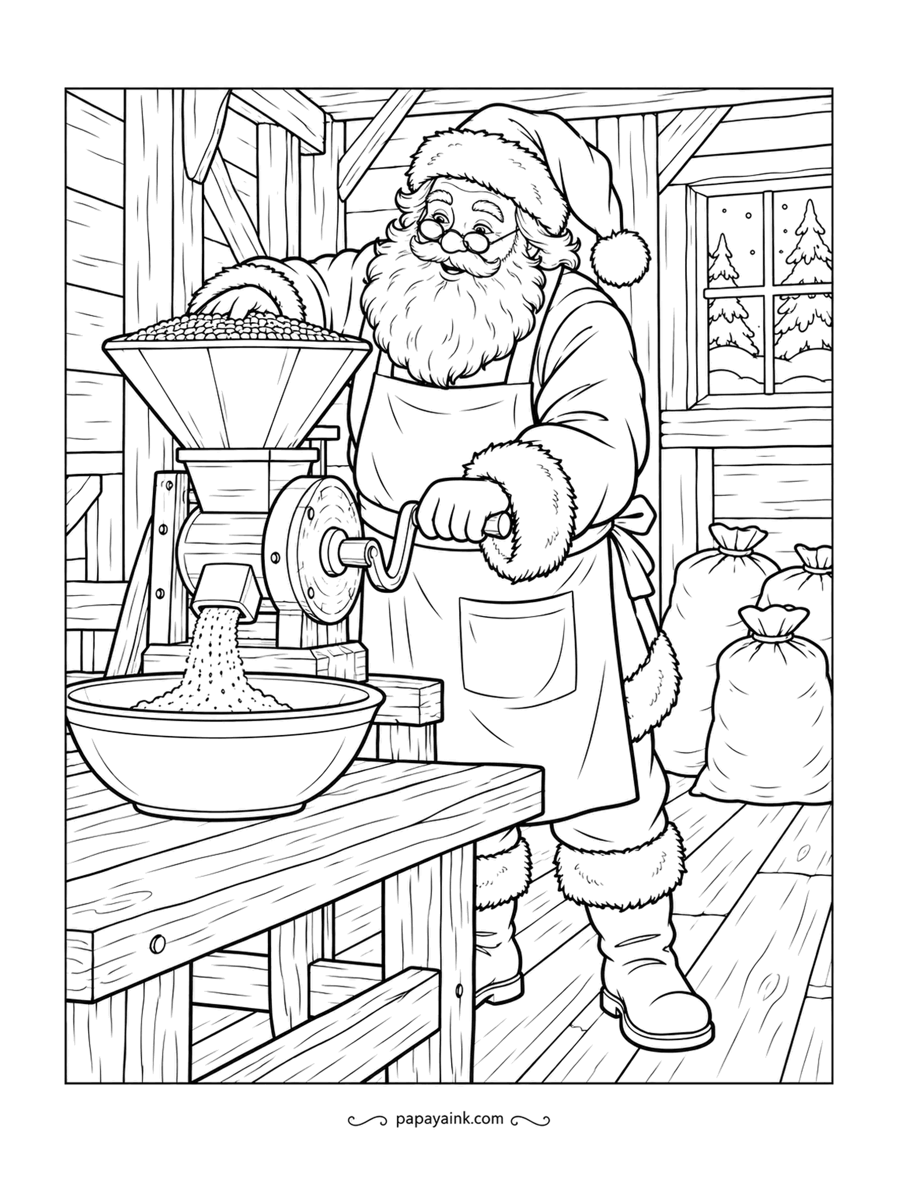 Santa Coloring Pages - Grain goes in the hopper, flour pours into the bowl, and Santa turns the crank with a steady arm. Sacks are piled by the wall. Timber beams and a frosty pane frame the work.