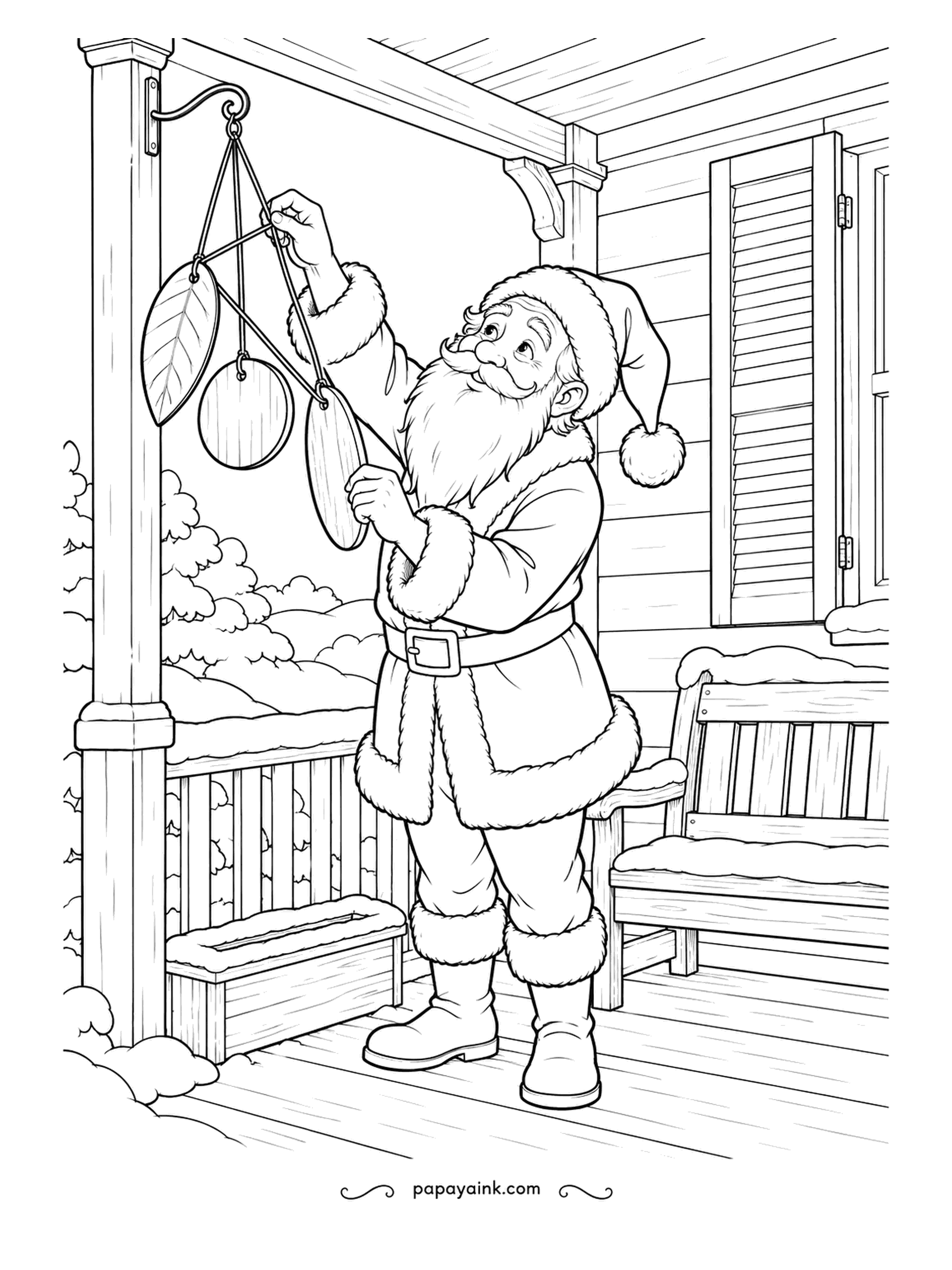 Santa Coloring Pages - The wind has knotted the porch chime, so he reaches up to sort the wooden discs one by one. A snowy bench sits beside the window. Clean lines and plenty of open space.
