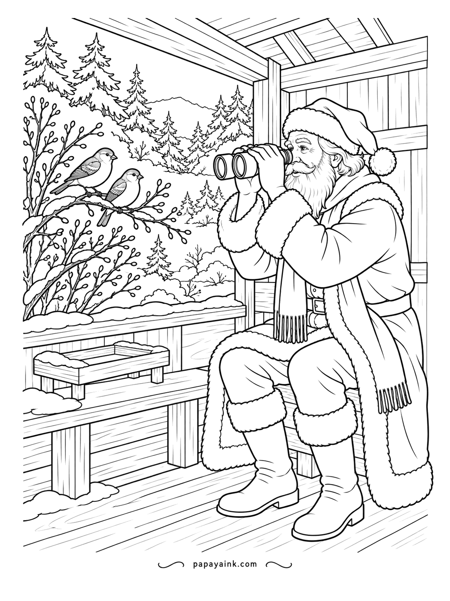 Santa Coloring Pages - From a wooden bird hide, Santa watches two little birds on a willow branch. A feeder tray waits on the ledge. Detailed - forest, hills and plenty of bark and twigs.