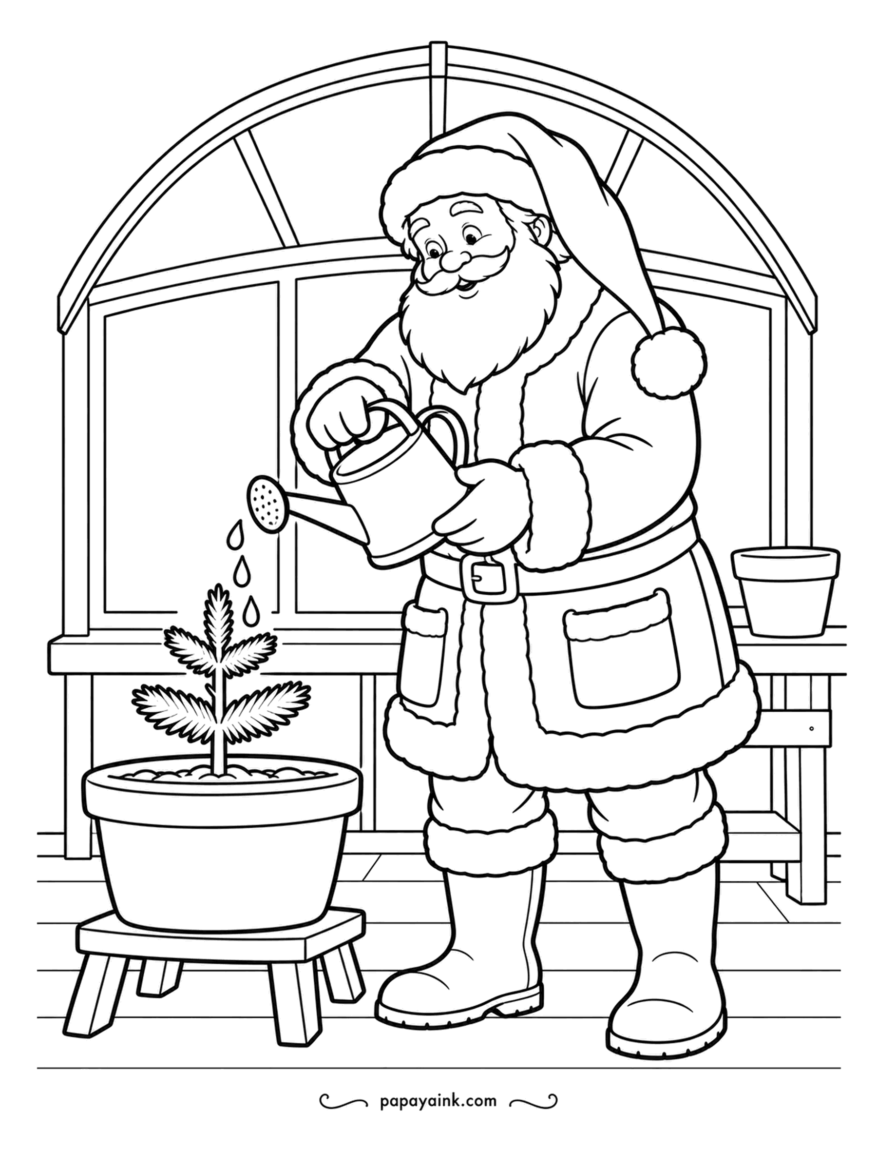 Santa Coloring Pages - A tiny fir in a pot gets a drink from the watering can. Someday it might be a Christmas tree, but not this year. Big simple shapes - quick and easy.
