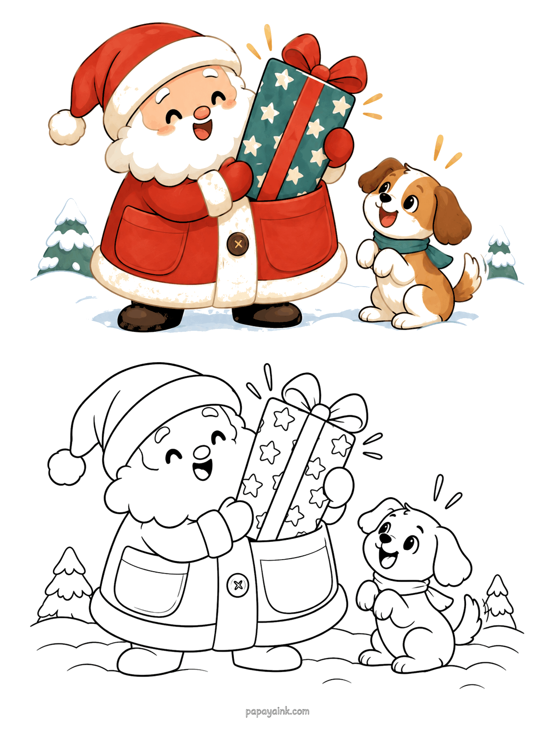 Santa Coloring Pages - Cute Santa holding a tall starry gift as an excited puppy in a scarf jumps for joy