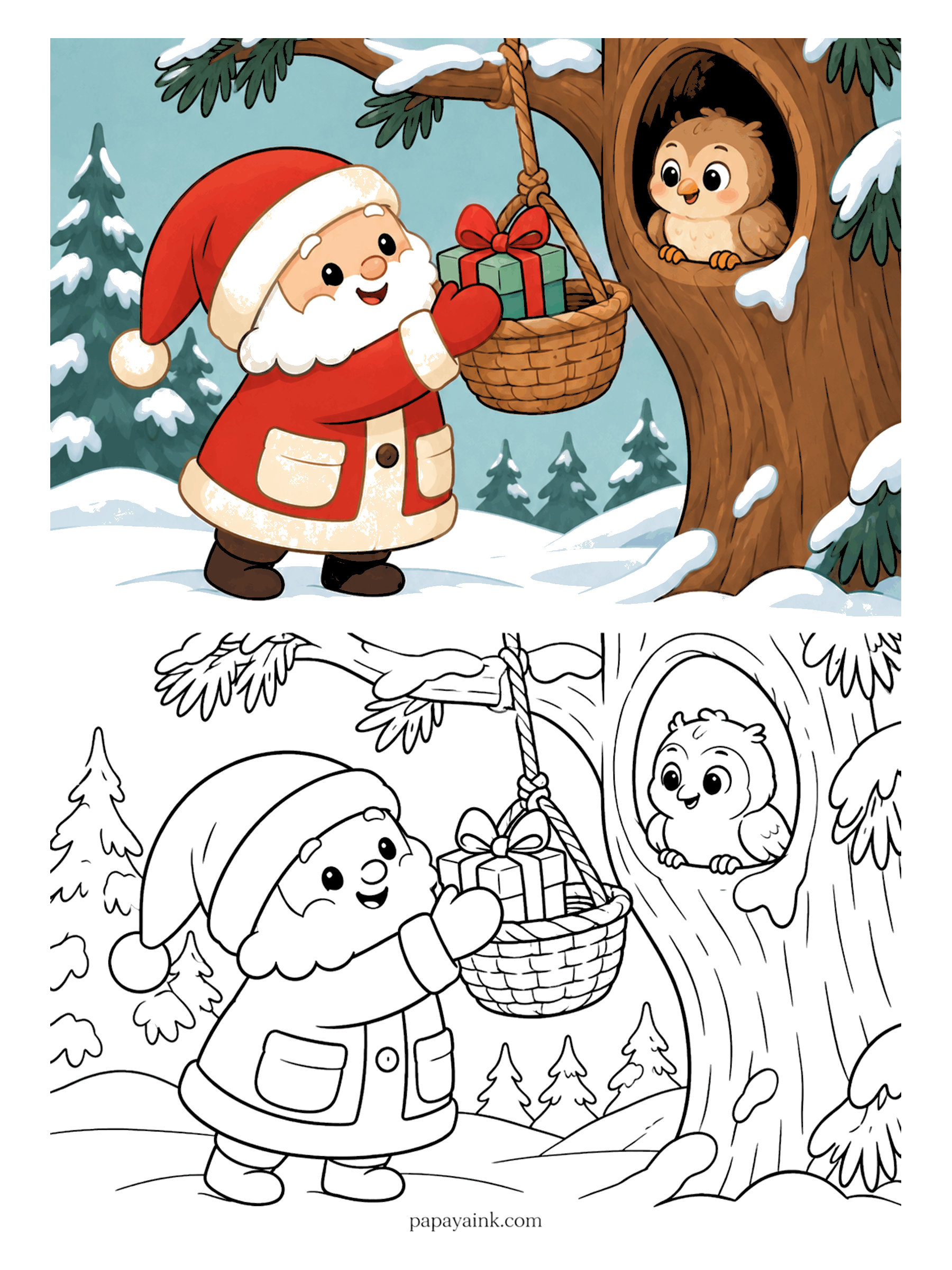 Santa Coloring Pages - Santa hanging a gift basket from a snowy branch for a little owl peeking from its tree hollow