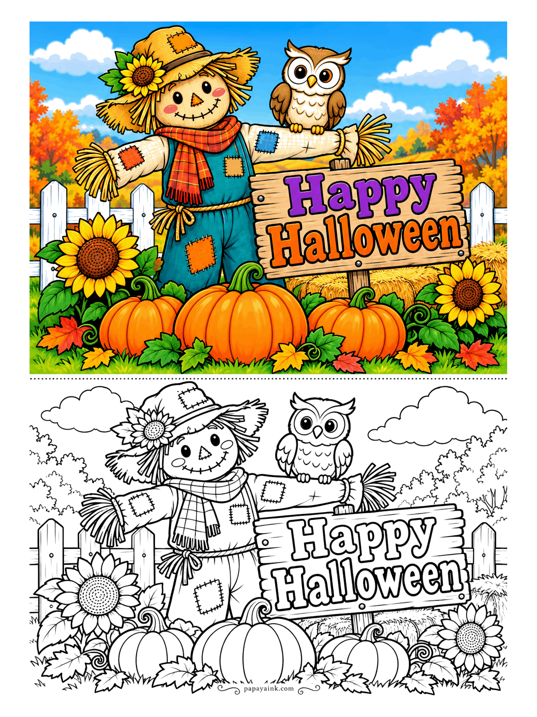 Halloween Coloring Pages - Scarecrow on fence duty, with an owl perched on his arm and a wooden sign to hold up, and a row of pumpkins at his feet. Vary the oranges: pumpkins, sunflowers and trees should not all match.