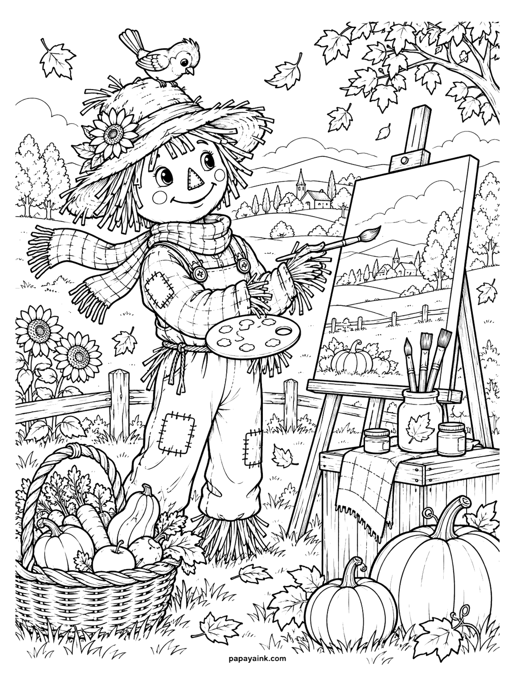 Scarecrow Coloring Pages - A scarecrow artist in a long plaid scarf paints the rolling fall countryside on an easel, palette in hand, with a bird on his hat and a basket of vegetables nearby.