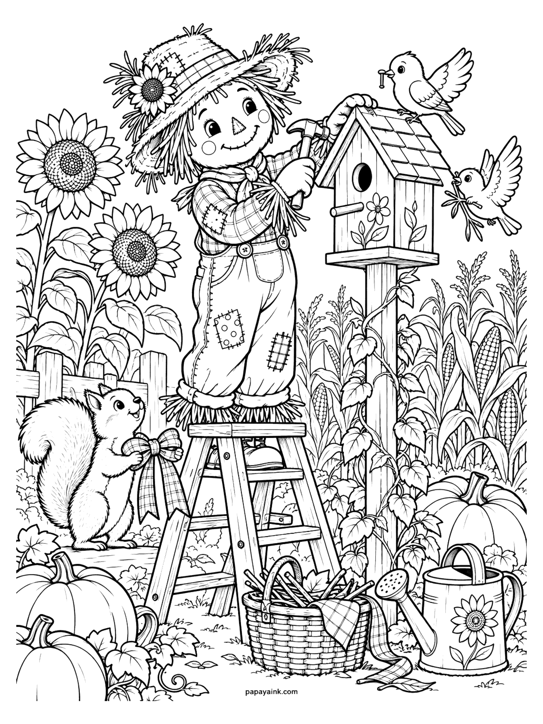 Scarecrow Coloring Pages - A scarecrow stands on a stepladder hammering the roof of a birdhouse while two birds bring a nail and a twig and a squirrel holds a plaid ribbon, among sunflowers and corn. Detailed.