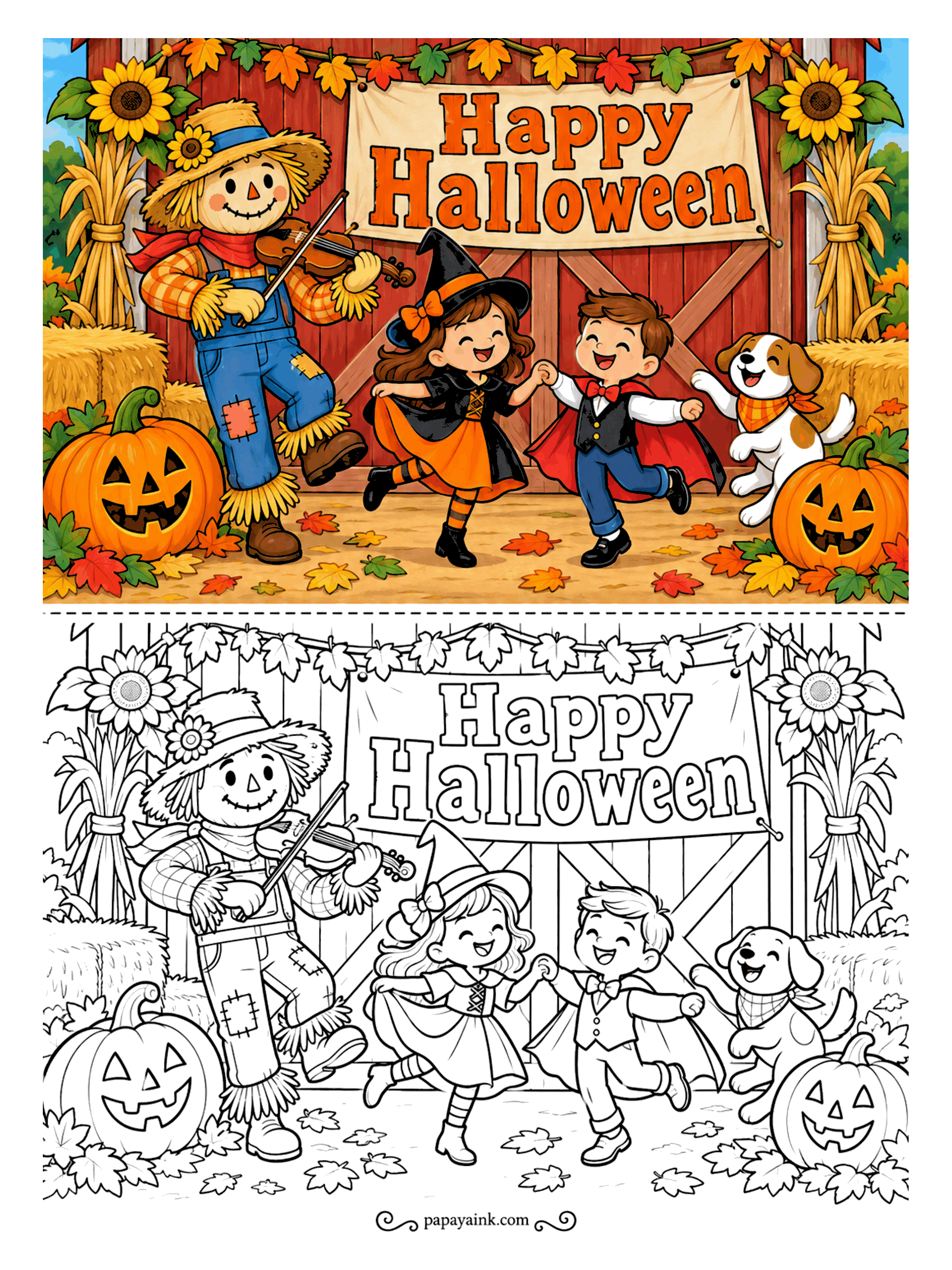 Halloween Coloring Pages - Fiddle music outside the barn. A scarecrow plays while a little witch, a small vampire and a beagle dance in the fallen leaves. Plaid, patches and hay bales - plenty of texture to work with.