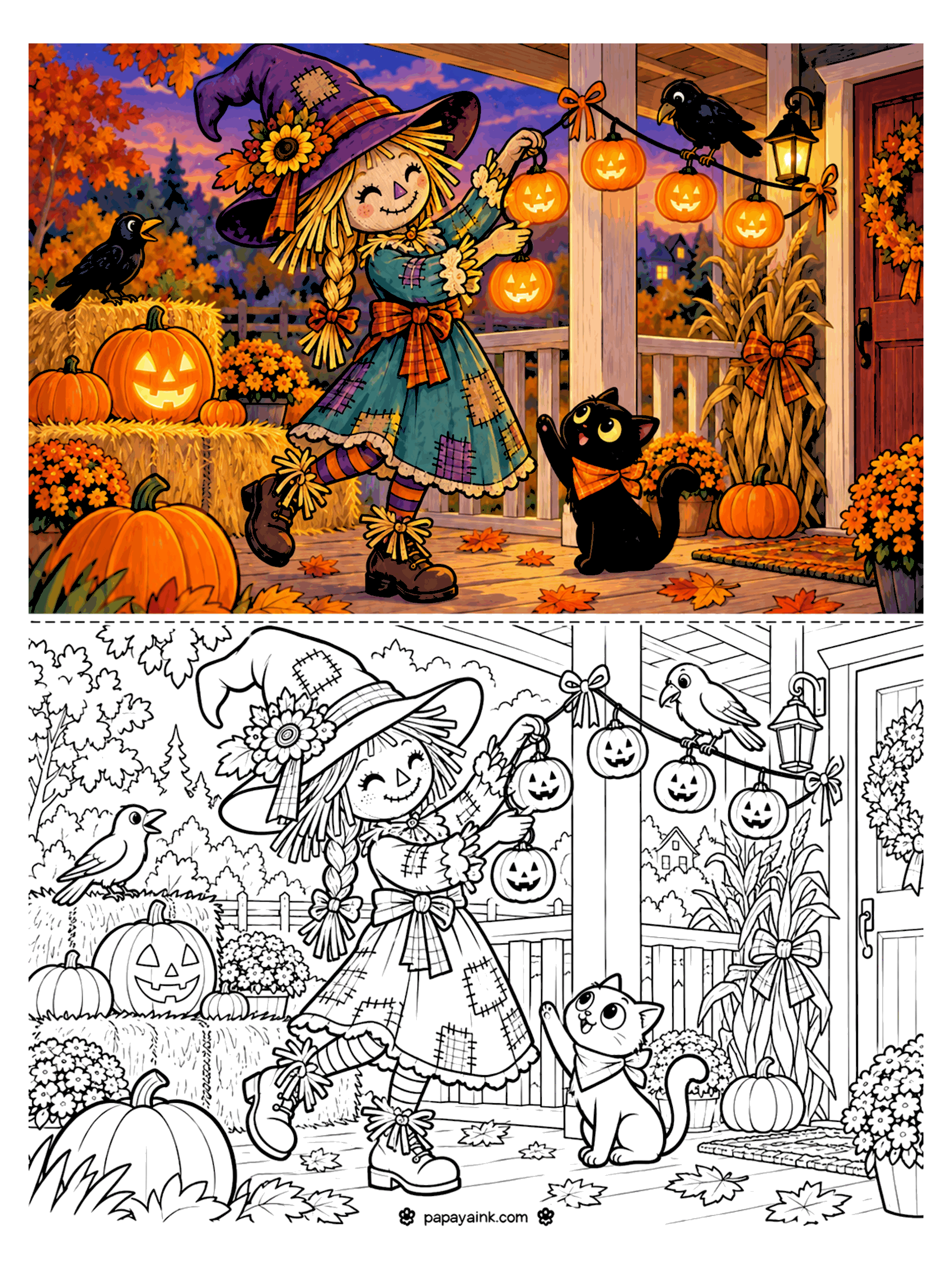 Scarecrow Coloring Pages - A scarecrow girl in a witch hat and patchwork dress hangs a string of jack-o'-lantern lights along the porch while a black cat and two crows watch.