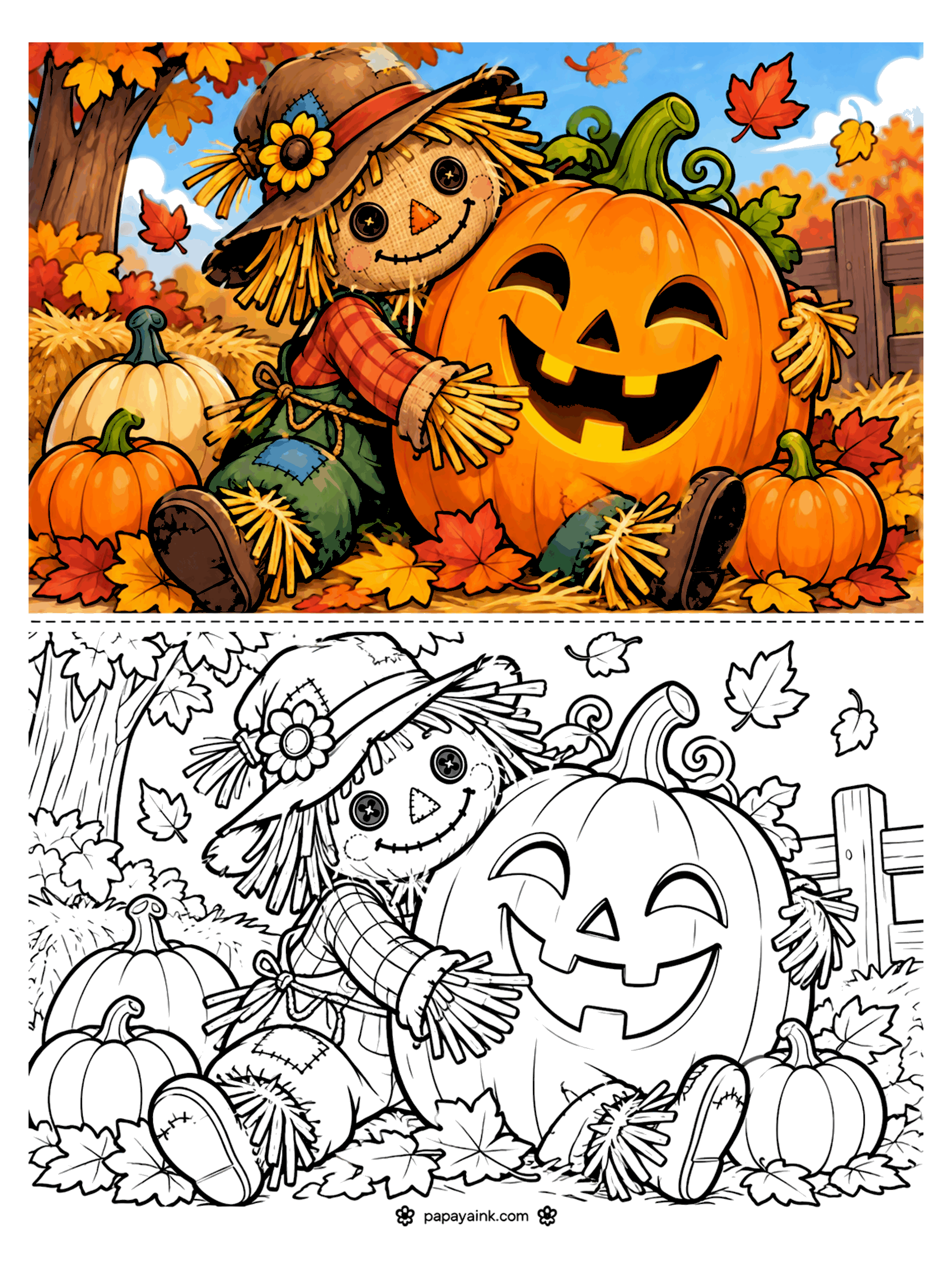 Scarecrow Coloring Pages - A happy scarecrow sits in the straw hugging a giant smiling jack-o'-lantern, surrounded by small pumpkins and falling maple leaves.