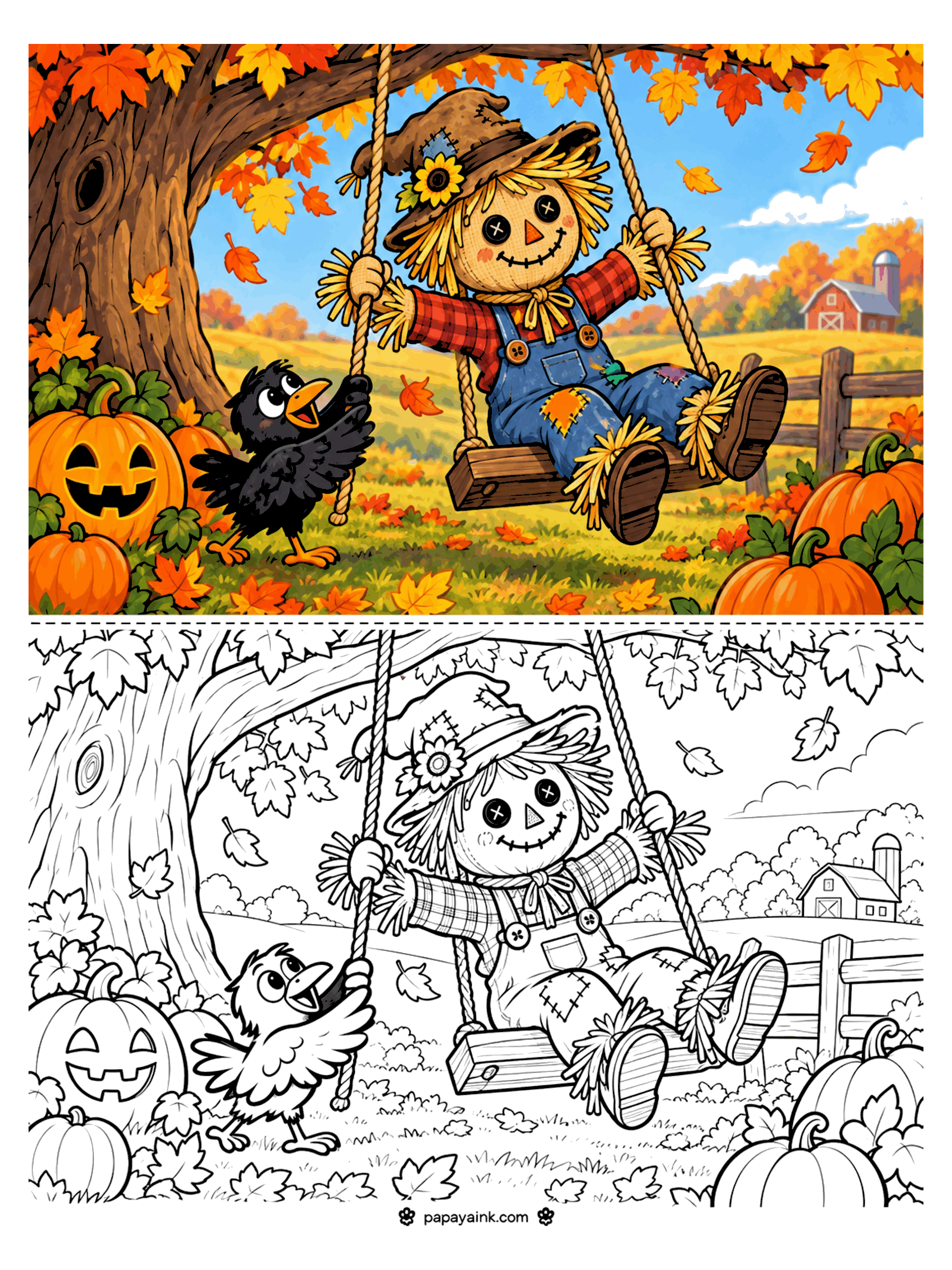 Scarecrow Coloring Pages - A scarecrow swings from a big maple tree while a crow gives the rope a push, with a jack-o'-lantern and pumpkins in the grass below.