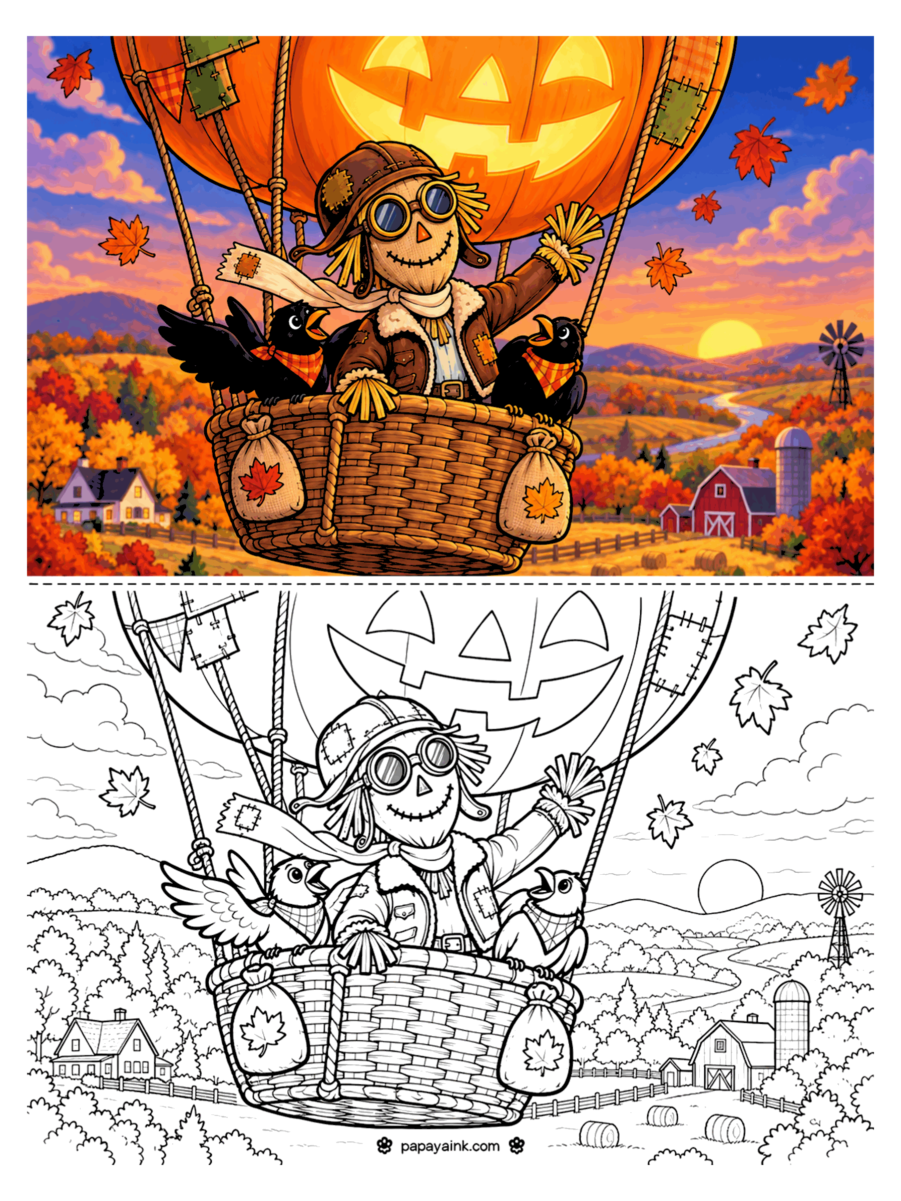 Scarecrow Coloring Pages - A scarecrow pilot in goggles and a flight jacket waves from the basket of a jack-o'-lantern hot air balloon, two crows riding along over the farmland.