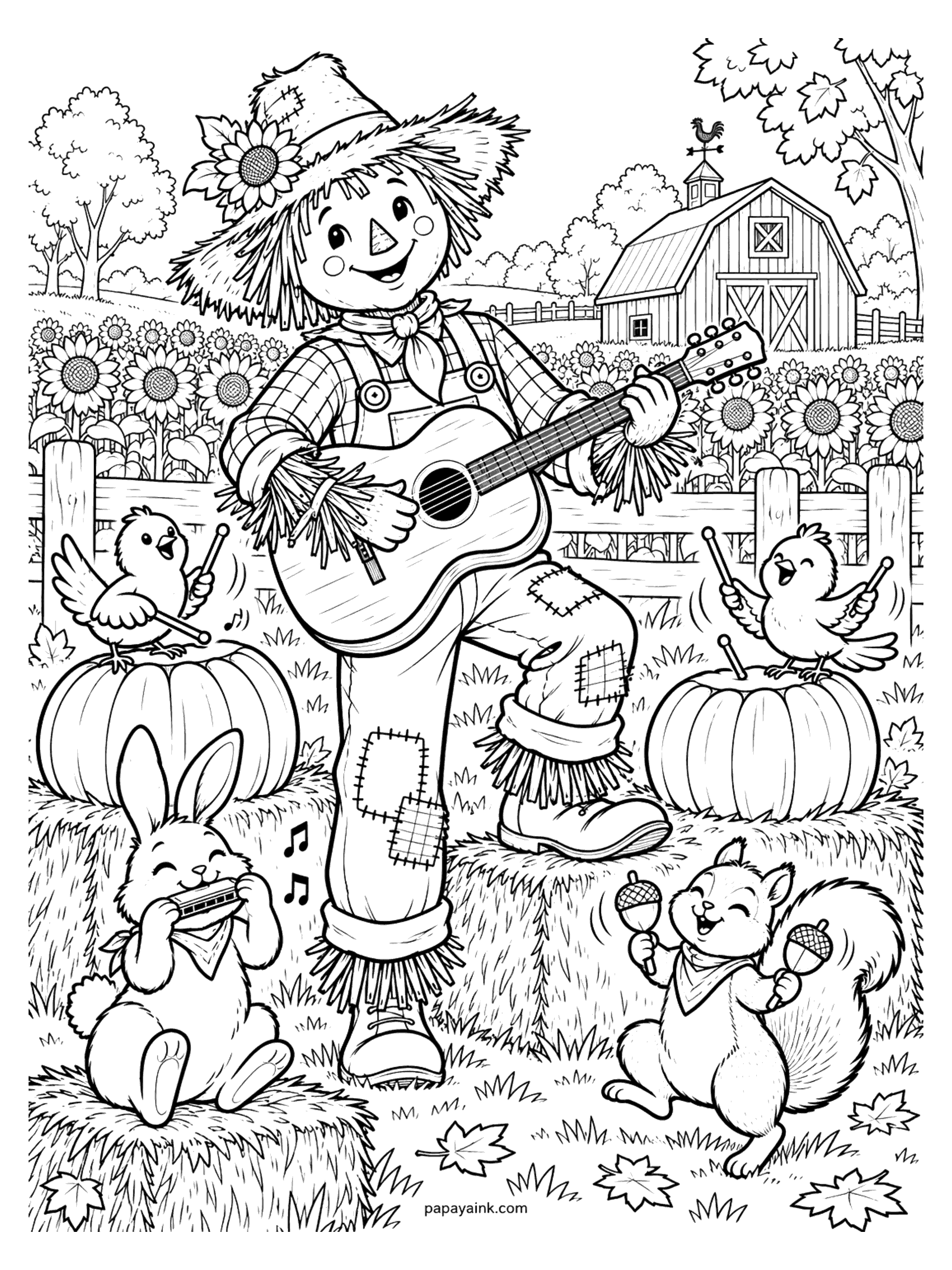 Scarecrow Coloring Pages - A scarecrow strums a guitar with one boot up on a hay bale while chicks drum on pumpkins, a bunny plays harmonica and a squirrel shakes acorn maracas in front of a sunflower field. Detailed.