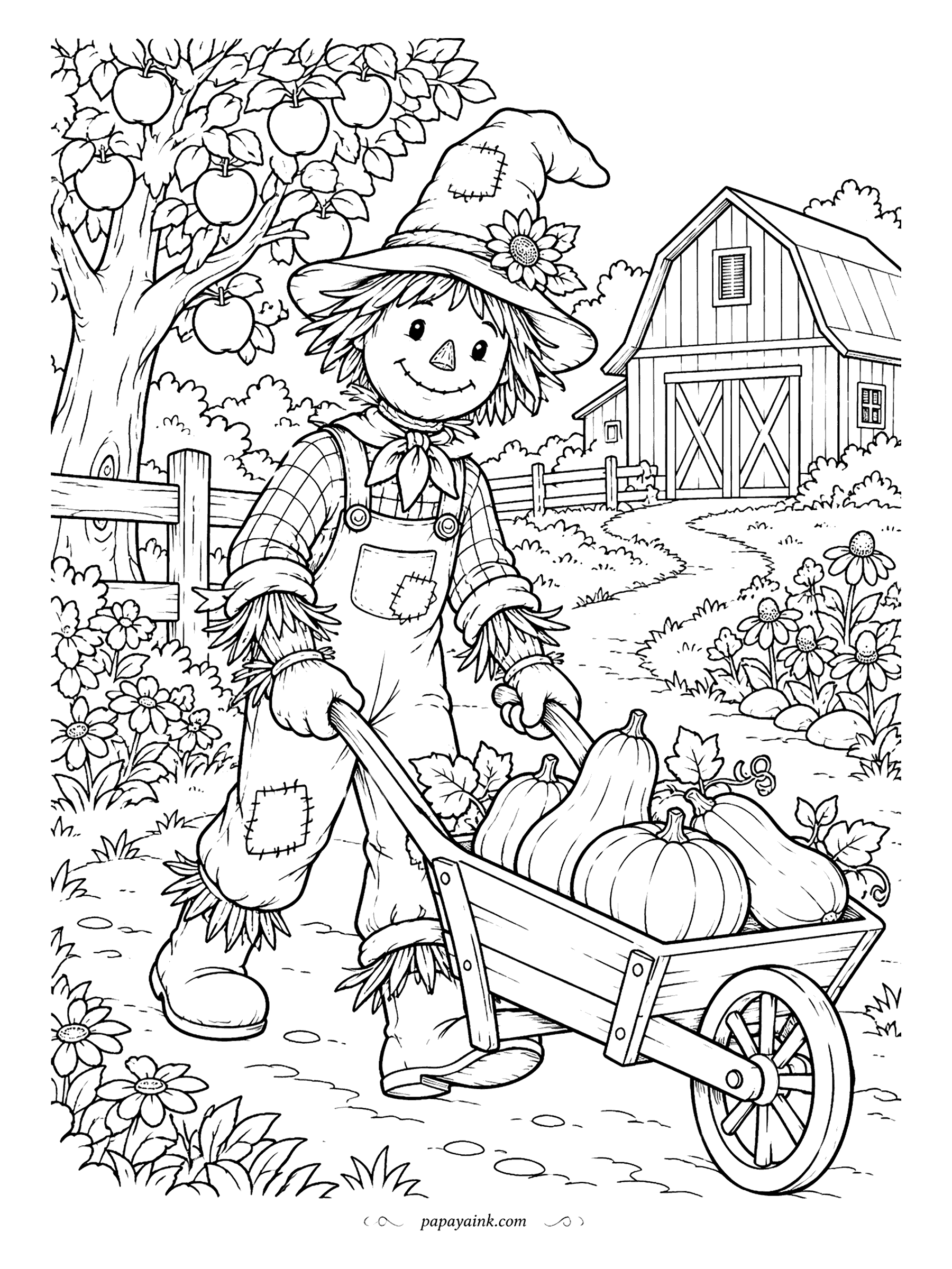 Scarecrow Coloring Pages - The wheelbarrow is loaded with pumpkins and long-necked squash, and the scarecrow works hard to keep it upright on the way to the barn. Apple tree overhead, flowers along the lane. Detailed.
