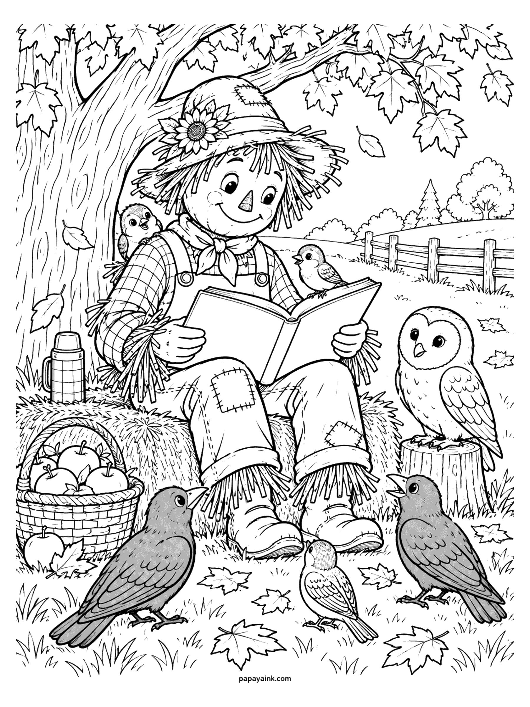Scarecrow Coloring Pages - A scarecrow sits on a hay bale under a maple tree reading a book aloud to an owl, two crows and a few songbirds, with a thermos and a basket of apples at his side.