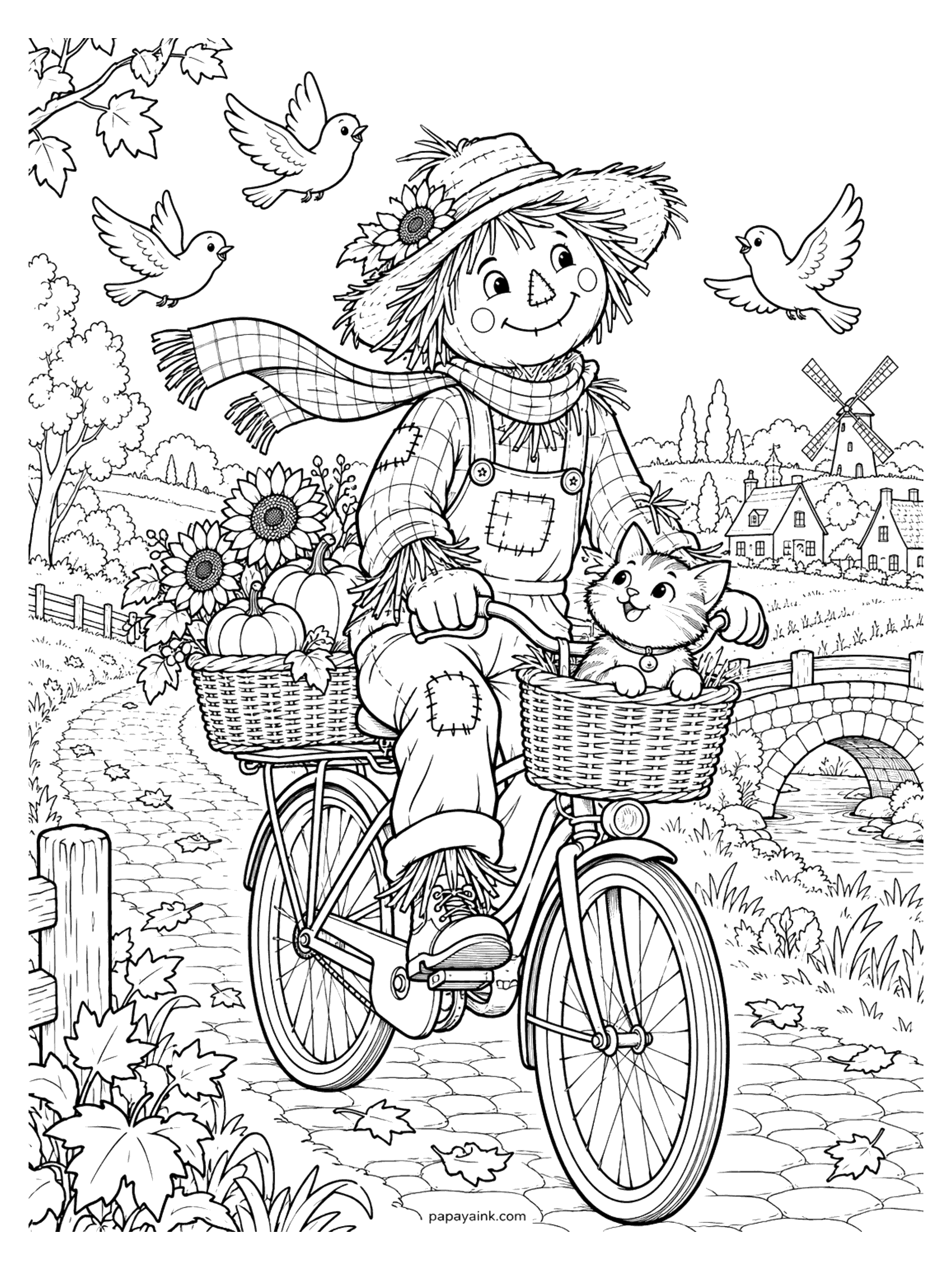 Scarecrow Coloring Pages - A scarecrow rides a bicycle down a cobblestone lane, scarf flying, with a kitten in the front basket, pumpkins and sunflowers in the back and a windmill village in the distance. Detailed.