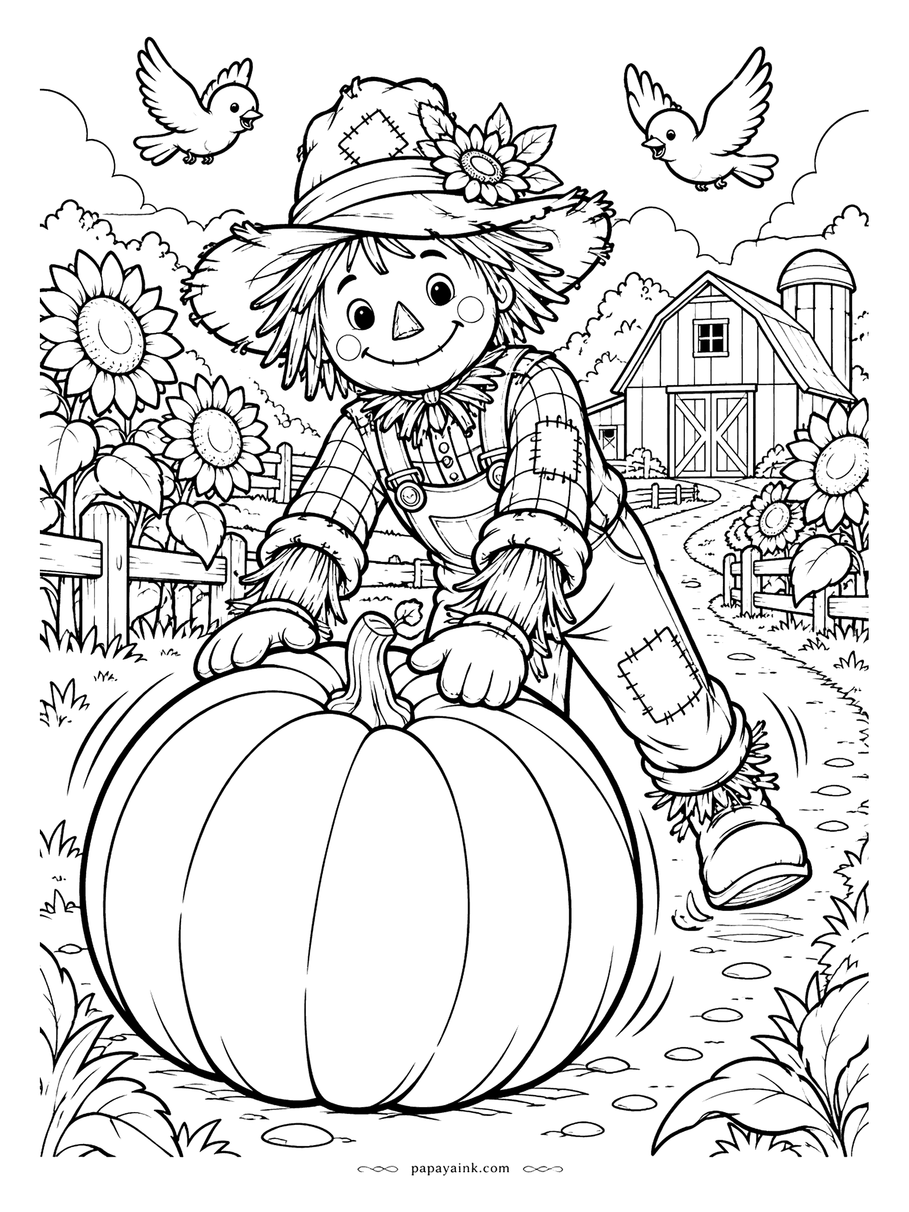 Scarecrow Coloring Pages - Too big to lift, so he rolls it. The comic scarecrow pushes a giant pumpkin down the farm path past sunflowers, a barn and a silo, while two birds flap overhead. Thick inked outlines.