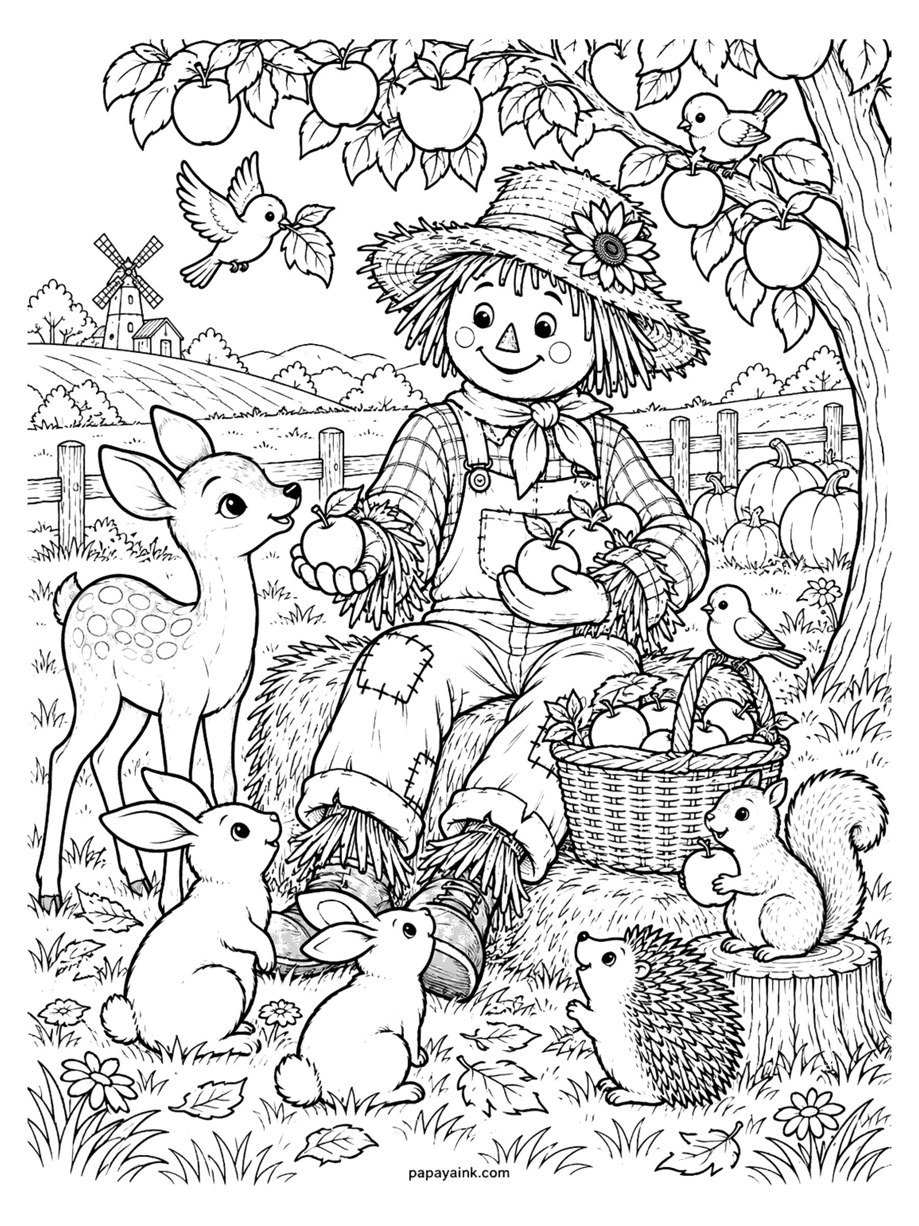 Scarecrow Coloring Pages - Under a heavy apple tree a scarecrow hands out apples to a spotted fawn, two bunnies, a hedgehog and a squirrel, with a windmill on the hill behind the fence. Detailed.