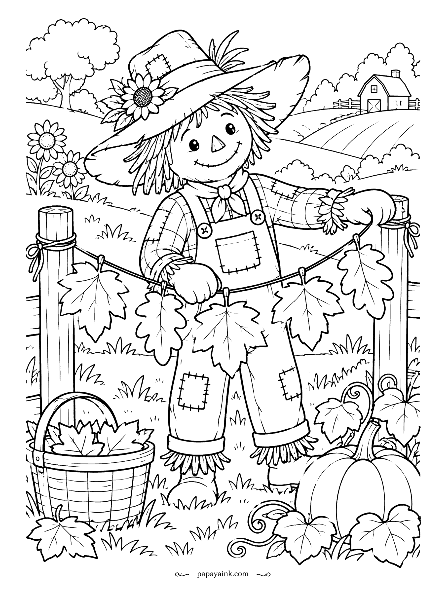Scarecrow Coloring Pages - Fall decorating, scarecrow style. He ties maple leaves one by one onto a string between two fence posts, a basket of spare leaves at his feet and a pumpkin vine curling into the corner. Simple, friendly lines.