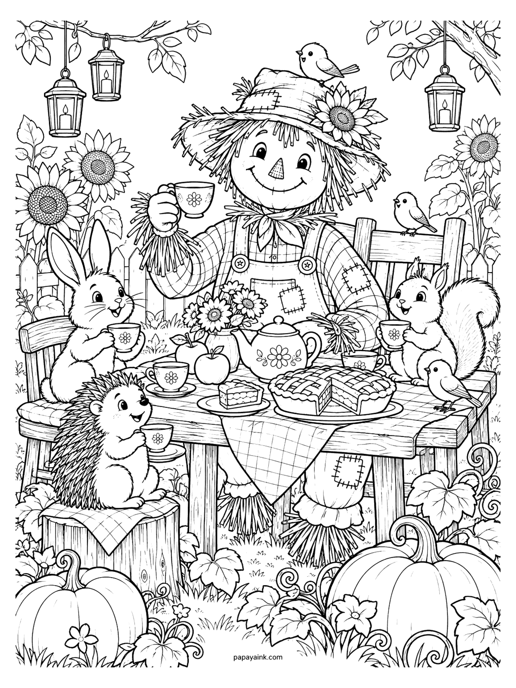 Scarecrow Coloring Pages - A scarecrow hosts a garden tea party with a bunny, a hedgehog and a squirrel around a table set with a teapot, a lattice apple pie and hanging lanterns. Detailed.