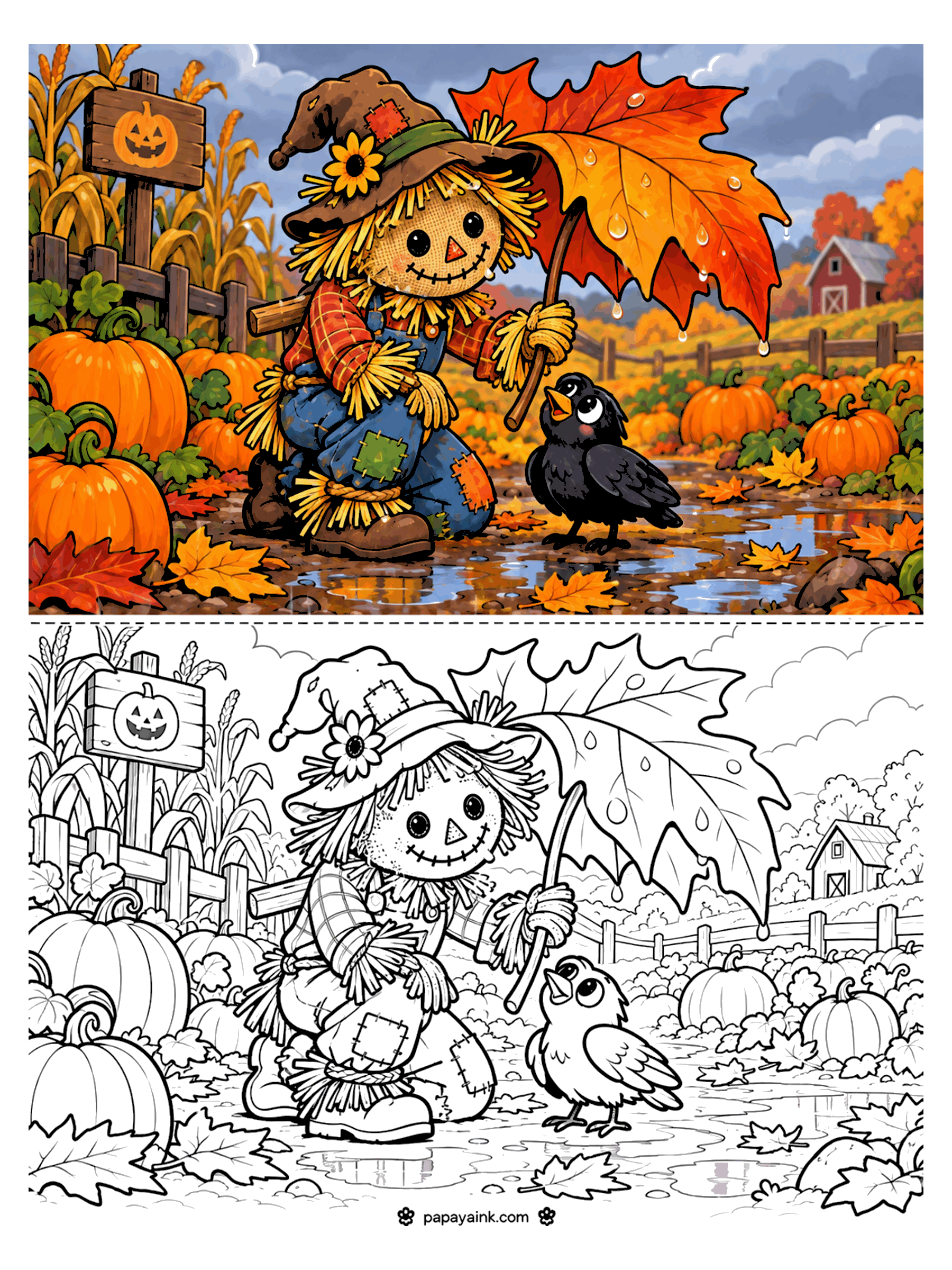 Scarecrow Coloring Pages - A scarecrow kneels in a rainy pumpkin patch holding a giant maple leaf as an umbrella over a little crow.