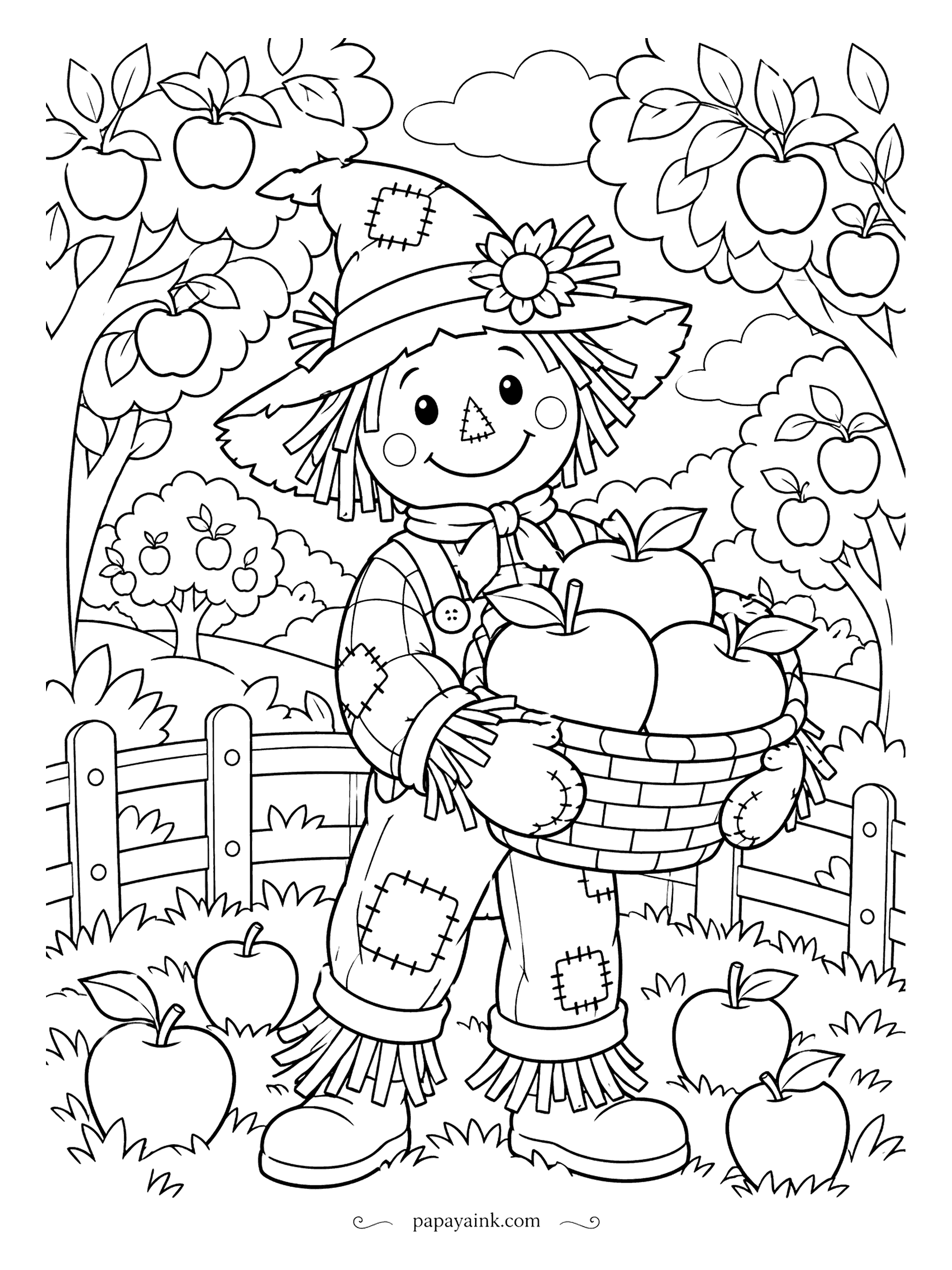 Scarecrow Coloring Pages - Apples everywhere - in the trees, in the grass and piled so high in his basket that one more would roll off. The scarecrow wears a flower on his hat and a patch on every knee. Bold outlines, open shapes.