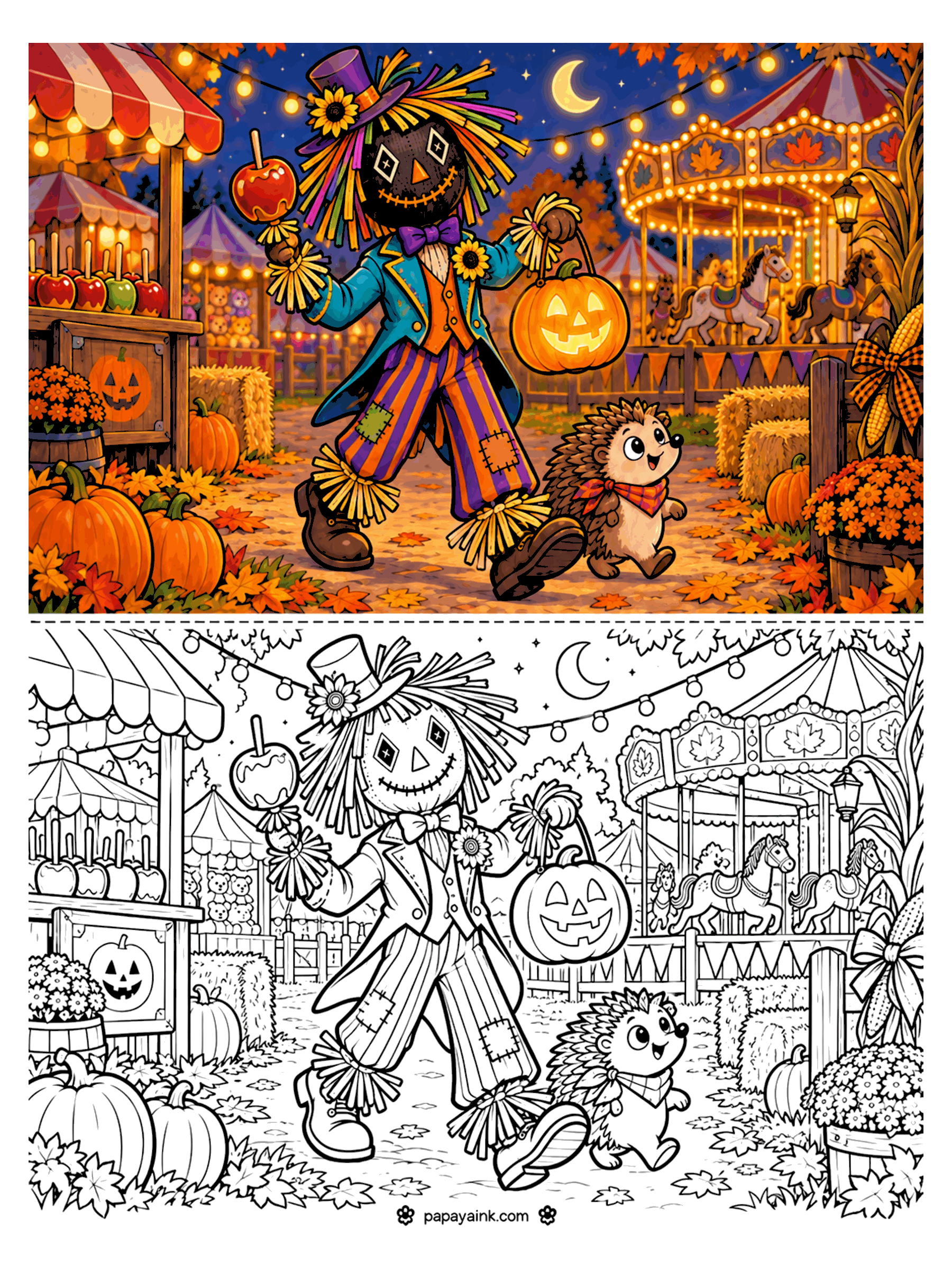 Scarecrow Coloring Pages - A dapper scarecrow in a striped suit holds a candy apple and a pumpkin lantern at the fall carnival, with a carousel glowing behind him and a hedgehog at his feet. Detailed.