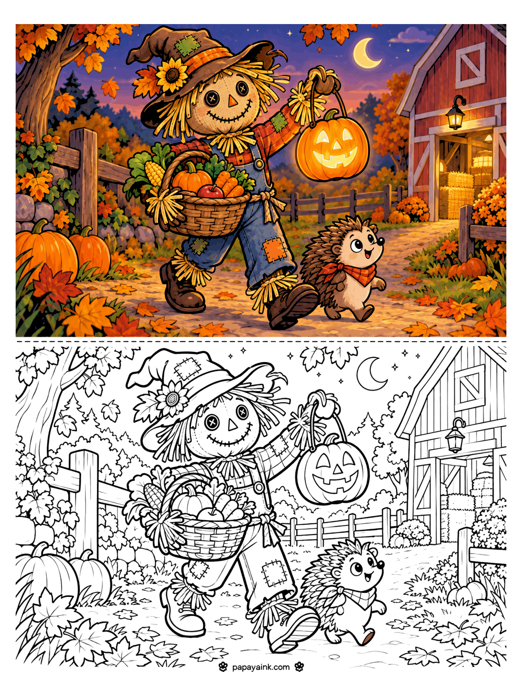 Scarecrow Coloring Pages - A scarecrow carries a harvest basket and a glowing pumpkin lantern down a leafy path to the barn, a scarf-wearing hedgehog trotting along beside him.