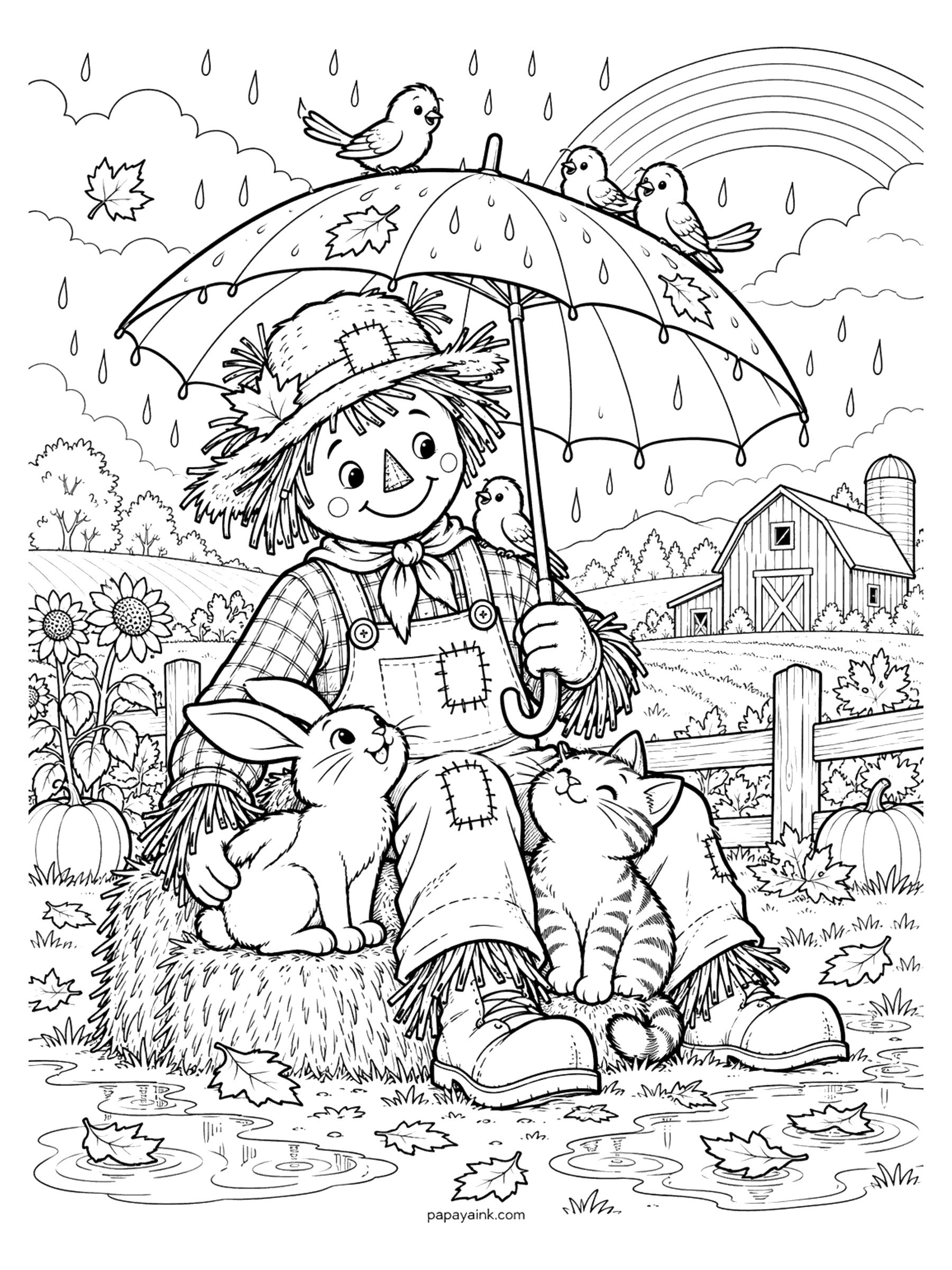 Scarecrow Coloring Pages - A scarecrow shelters a bunny and a purring tabby cat under a big umbrella during an autumn shower, birds perched on top and a rainbow rising over the barn.