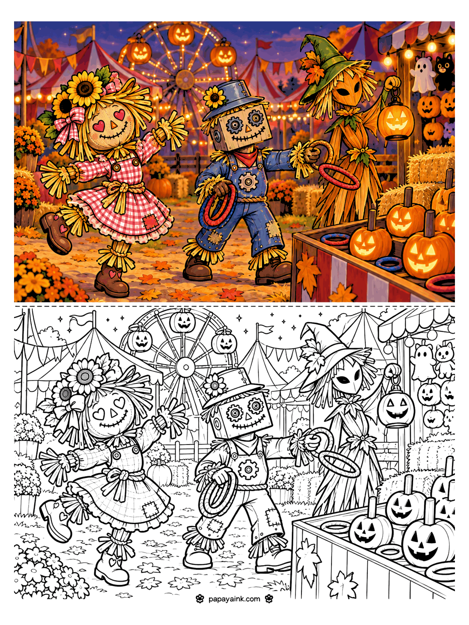 Scarecrow Coloring Pages - Three scarecrows play ring toss over a row of jack-o'-lanterns at the county fair, with a Ferris wheel and striped tents in the background. Detailed.