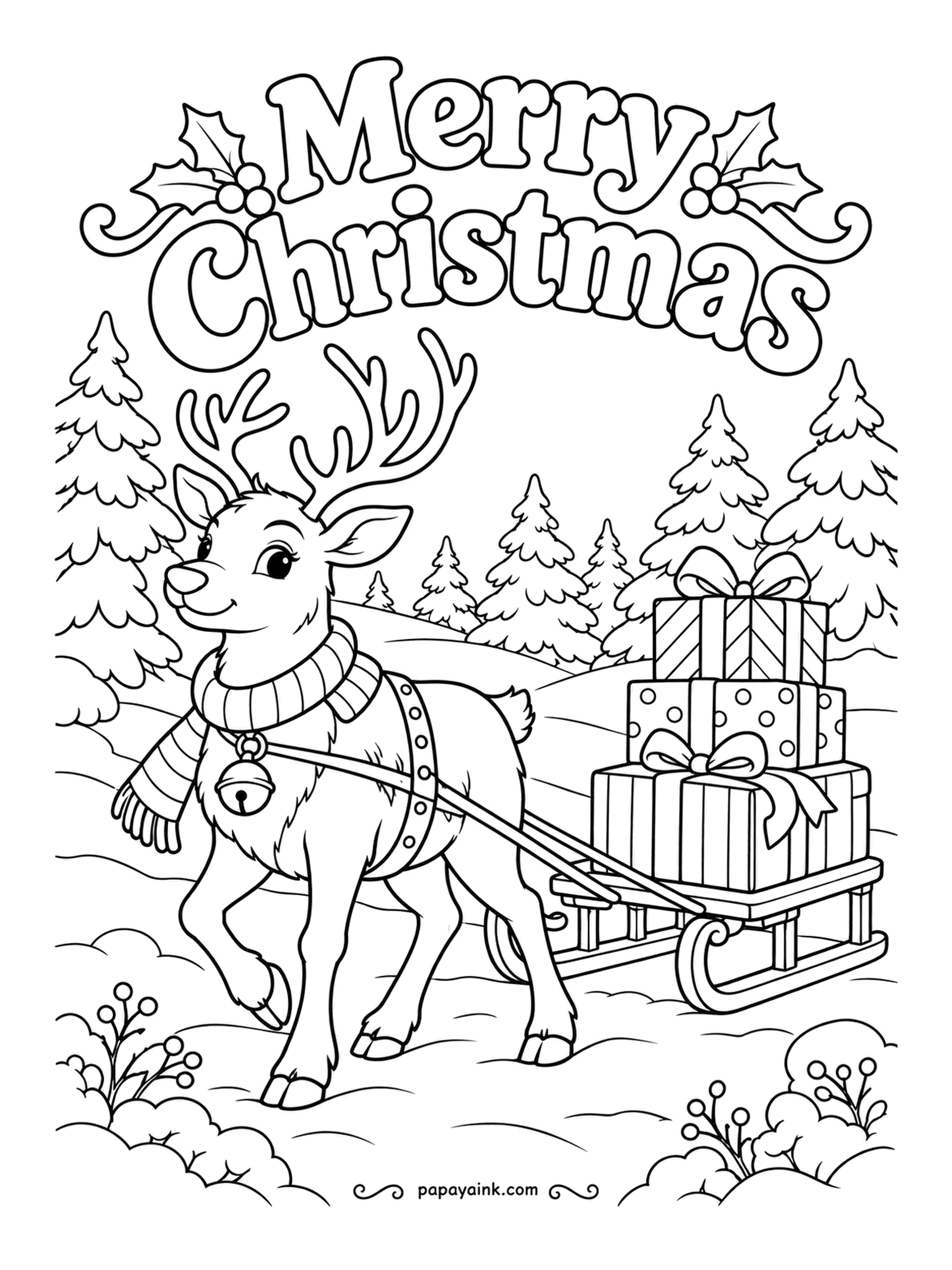 Merry Christmas Coloring Pages - No sleigh team today, just one young reindeer in a striped scarf hauling a sled stacked three presents high. Open shapes and a calm background make it an easy one. A brass-yellow bell finishes it.