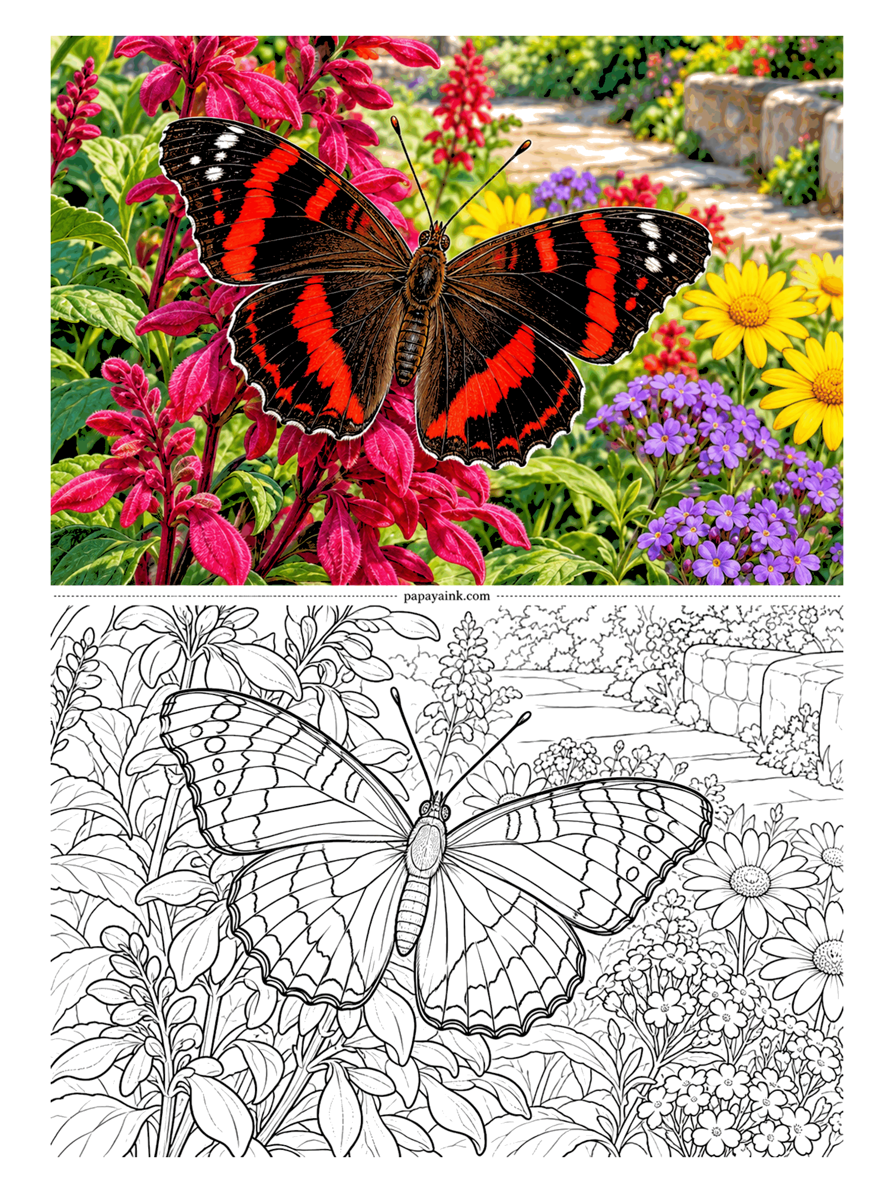 Butterfly Coloring Pages - Velvet brown and scarlet: a scarlet peacock perched among salvia spikes on a garden path, with yellow daisies and a patch of verbena behind. The red bands follow the wing veins, so trace them lightly first and the stripes will land in the right place.