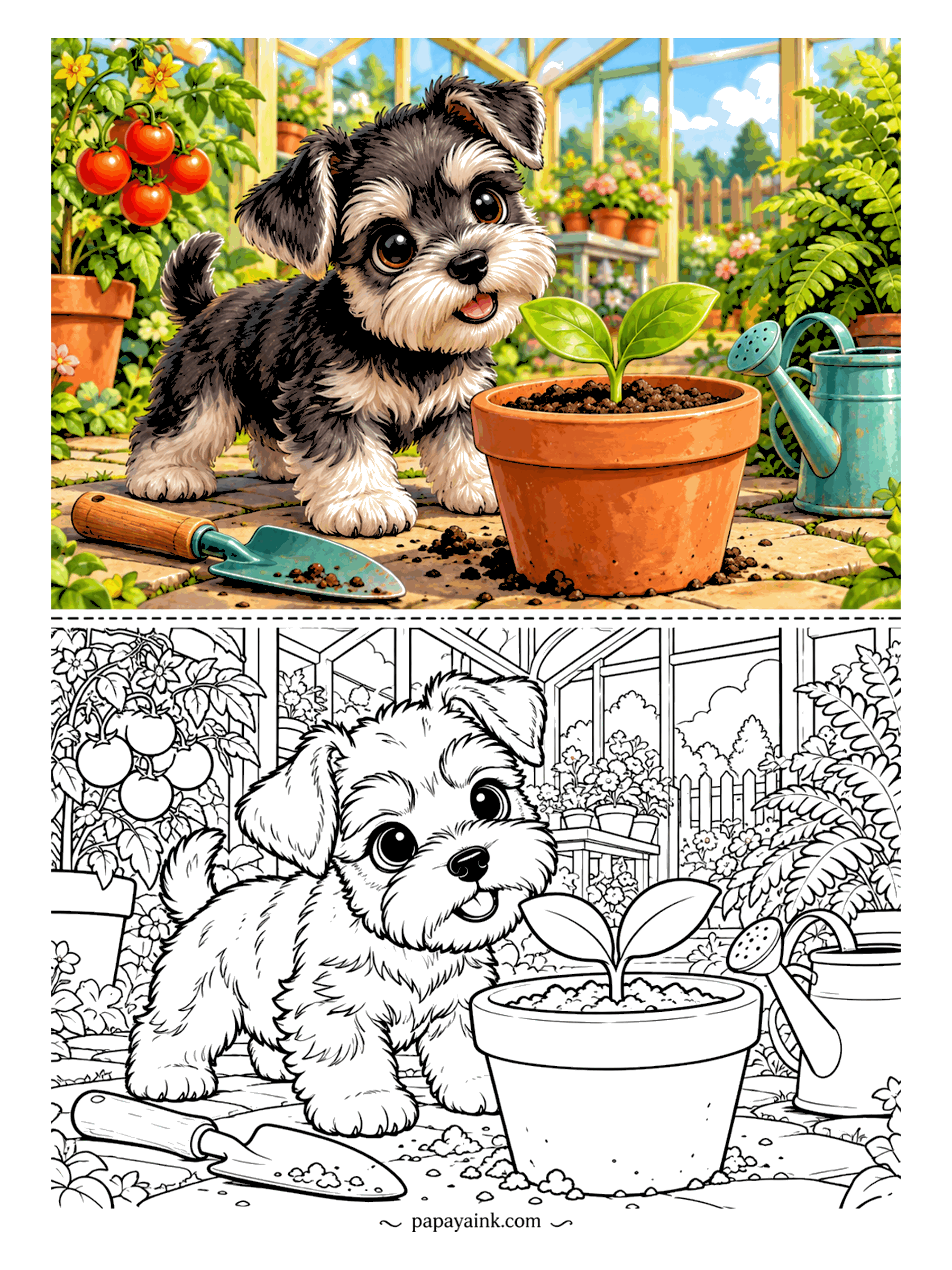 Puppy Coloring Pages - Gardening assistant on duty. A schnauzer puppy watches a seedling in its pot inside the greenhouse, with a trowel, a watering can and ripe tomatoes on the vine. Every green you own, and then the terracotta.