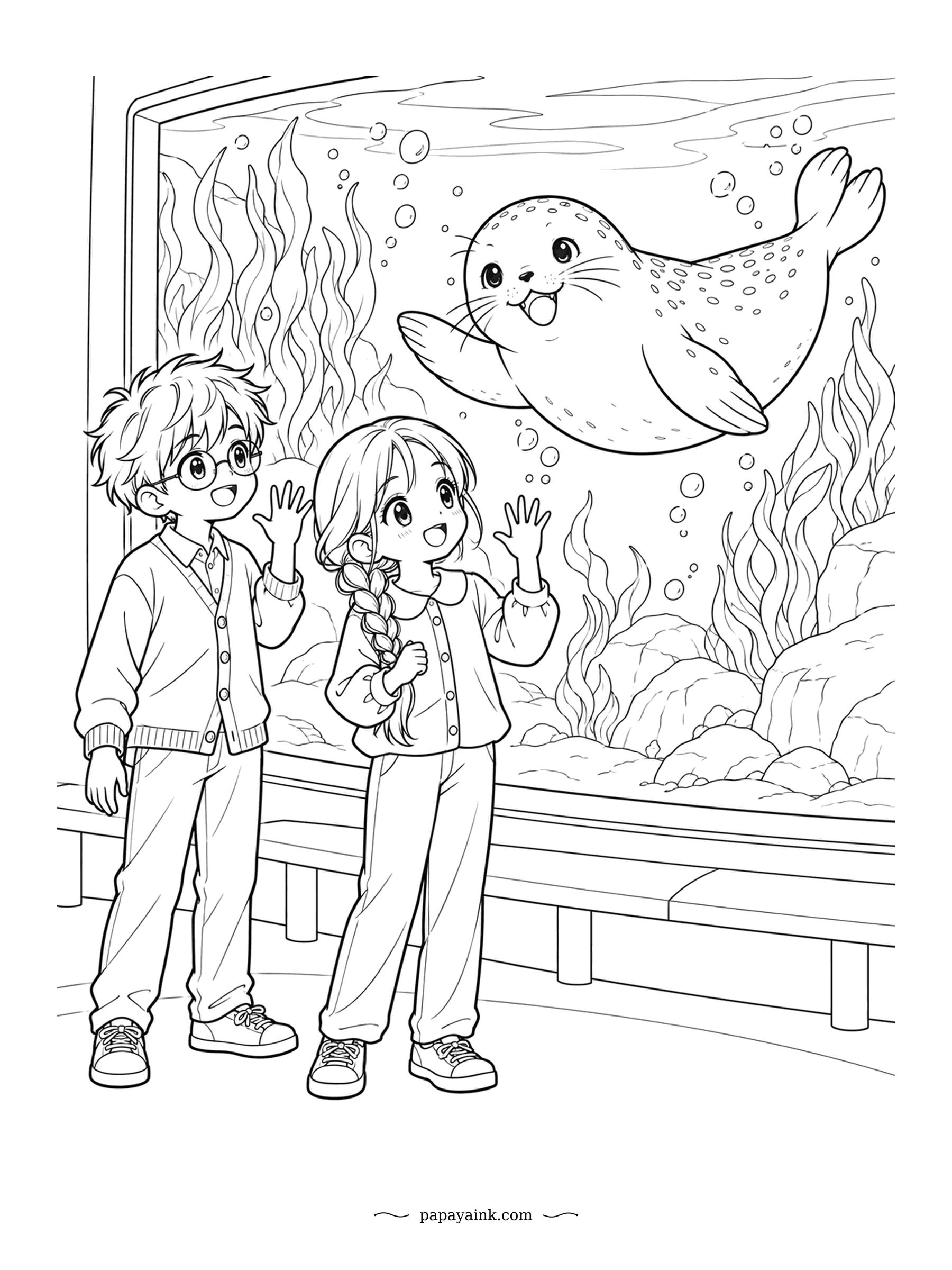 Cute Anime Coloring Pages - A spotted seal glides past the big tank window, flippers out, and both kids wave back in excitement. Kelp sways and bubbles drift upward. Simple figures and lots of open water to color.